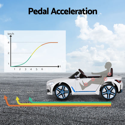 Coche de juguete para niños con control remoto, deportivo, BMW I4, con licencia, eléctrico, 12 V, color blanco