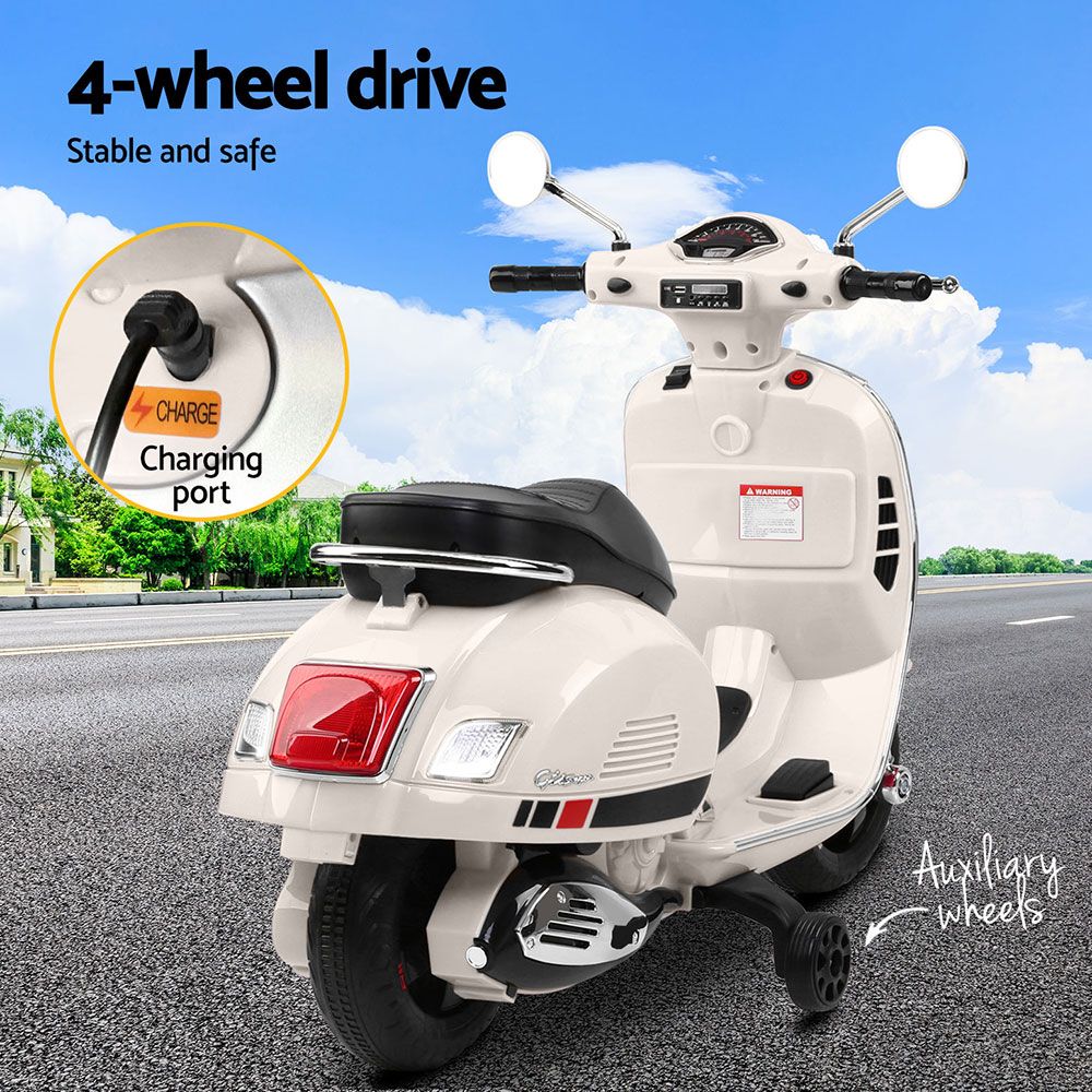 Coche para niños, motocicleta, scooter con licencia VESPA, juguetes eléctricos, color blanco