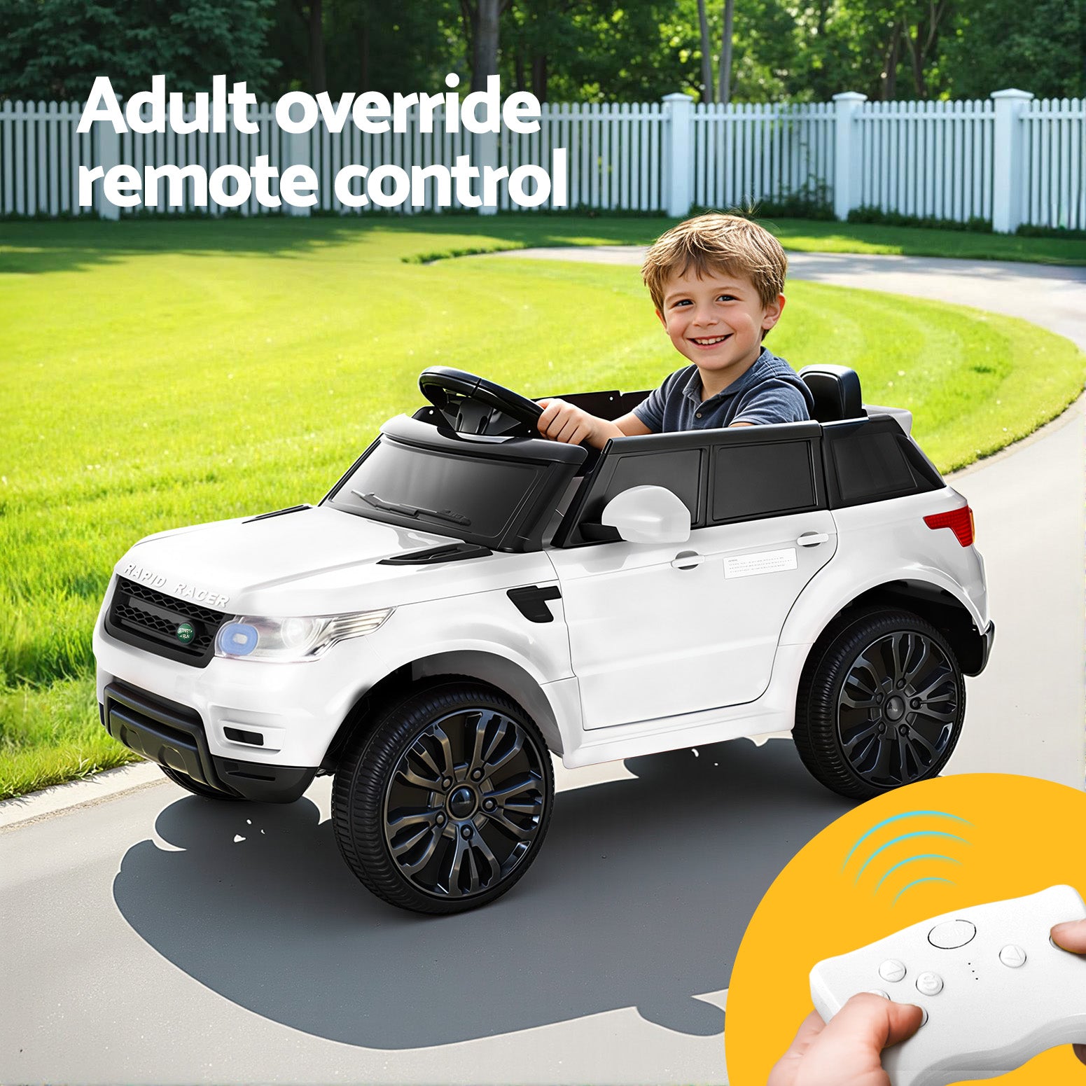 Coche eléctrico todoterreno Rigo Kids inspirado en el Range Rover con mando a distancia de 12 V, color blanco