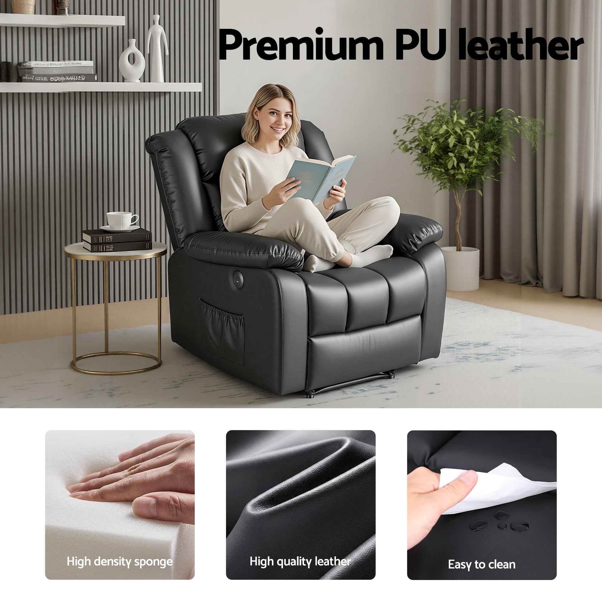 Artiss Manual Massage Recliner Chair for Living Room, Leather Sofa Lounge Reclining Chair with 2 USB Port, 160° Recline Reading Chair with 20CM Wide Armrests, 8 Point Vibration & Lumbar Heat, Black