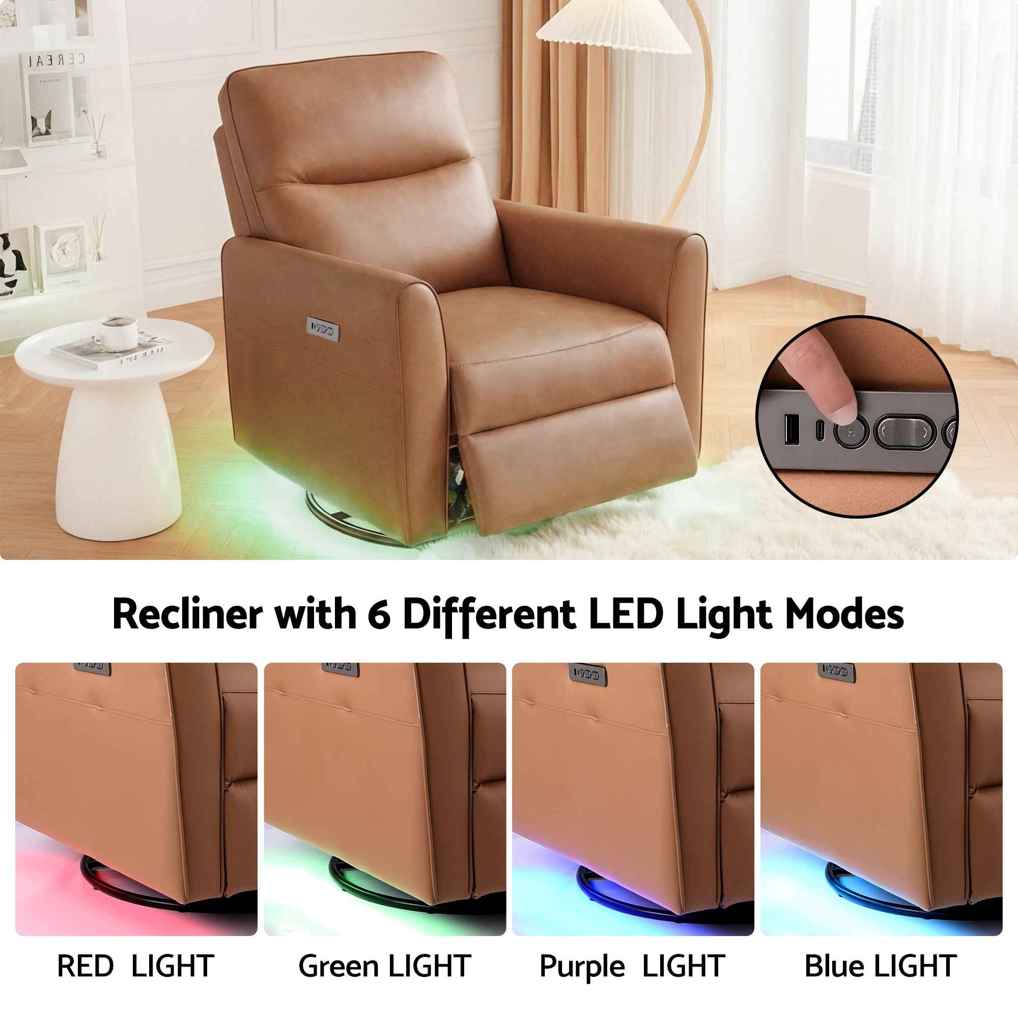 Artiss Swivel Recliner Chair Leather Rocking Reclining Sofa with Charging Ports LED Brown