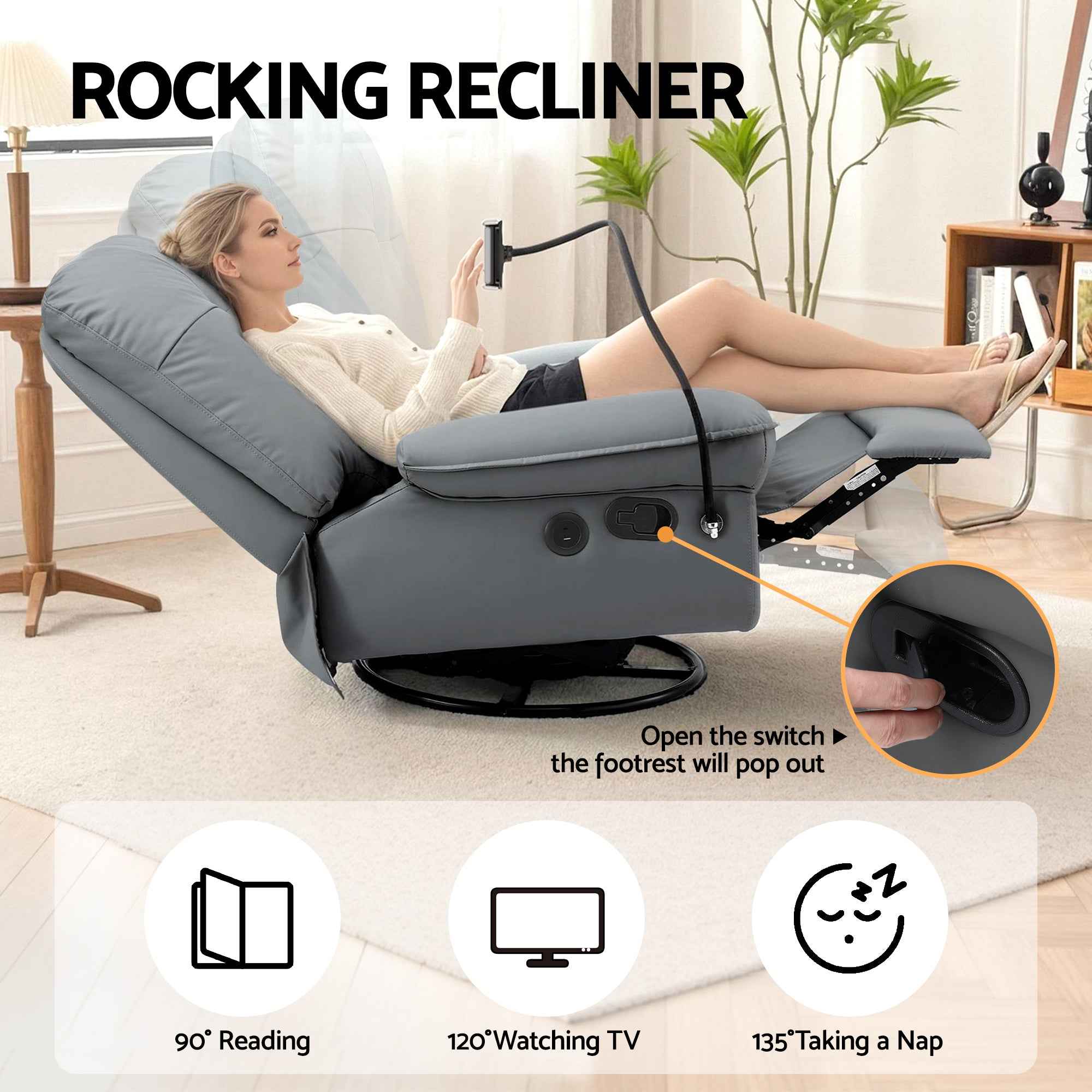 Artiss Manual Swivel Rocker Recliner with USB Ports Rocking Chair Nursery Sofa Lounge