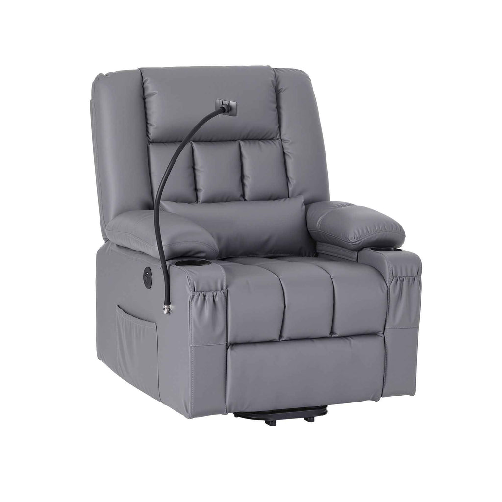 Artiss Power Lift Recliner Chair with Massage and Heat for Elderly, Electric Sofa Reclining Chair with USB and Phone Holder, PU Leather Comfy Armchair for Living Room, 2 Cup Holder & 4 Pockets, Grey