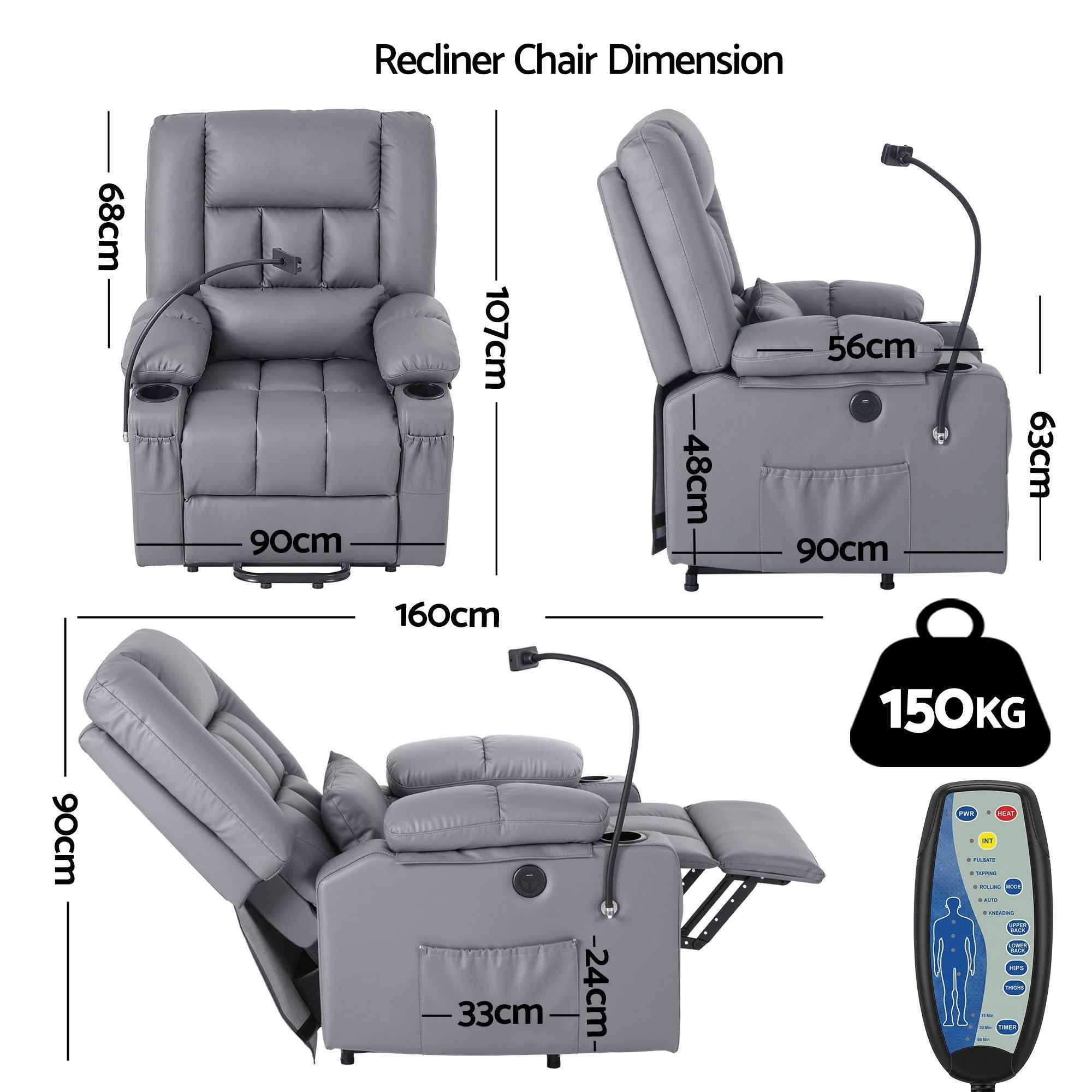 Artiss Power Lift Recliner Chair with Massage and Heat for Elderly, Electric Sofa Reclining Chair with USB and Phone Holder, PU Leather Comfy Armchair for Living Room, 2 Cup Holder & 4 Pockets, Grey