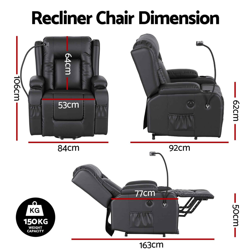 Artiss Power Lift Recliner Chair with Massage and Heat for Elderly, Electric Sofa Reclining Chair with USB and Phone Holder, PU Leather Comfy Armchair for Living Room, 2 Cup Holder & 4 Pockets, Black