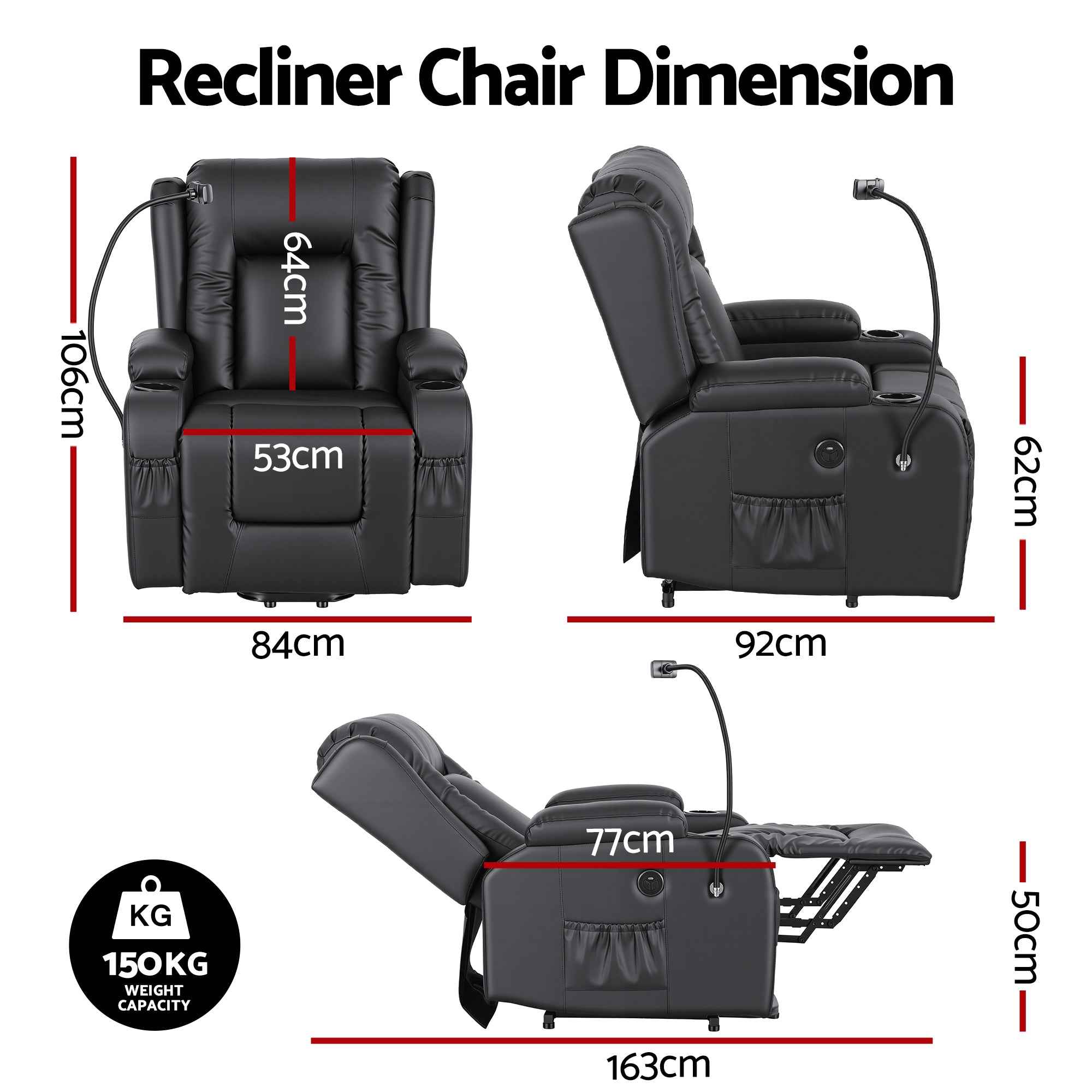 Artiss Power Lift Recliner Chair with Massage and Heat for Elderly, Electric Sofa Reclining Chair with USB and Phone Holder, PU Leather Comfy Armchair for Living Room, 2 Cup Holder & 4 Pockets, Black