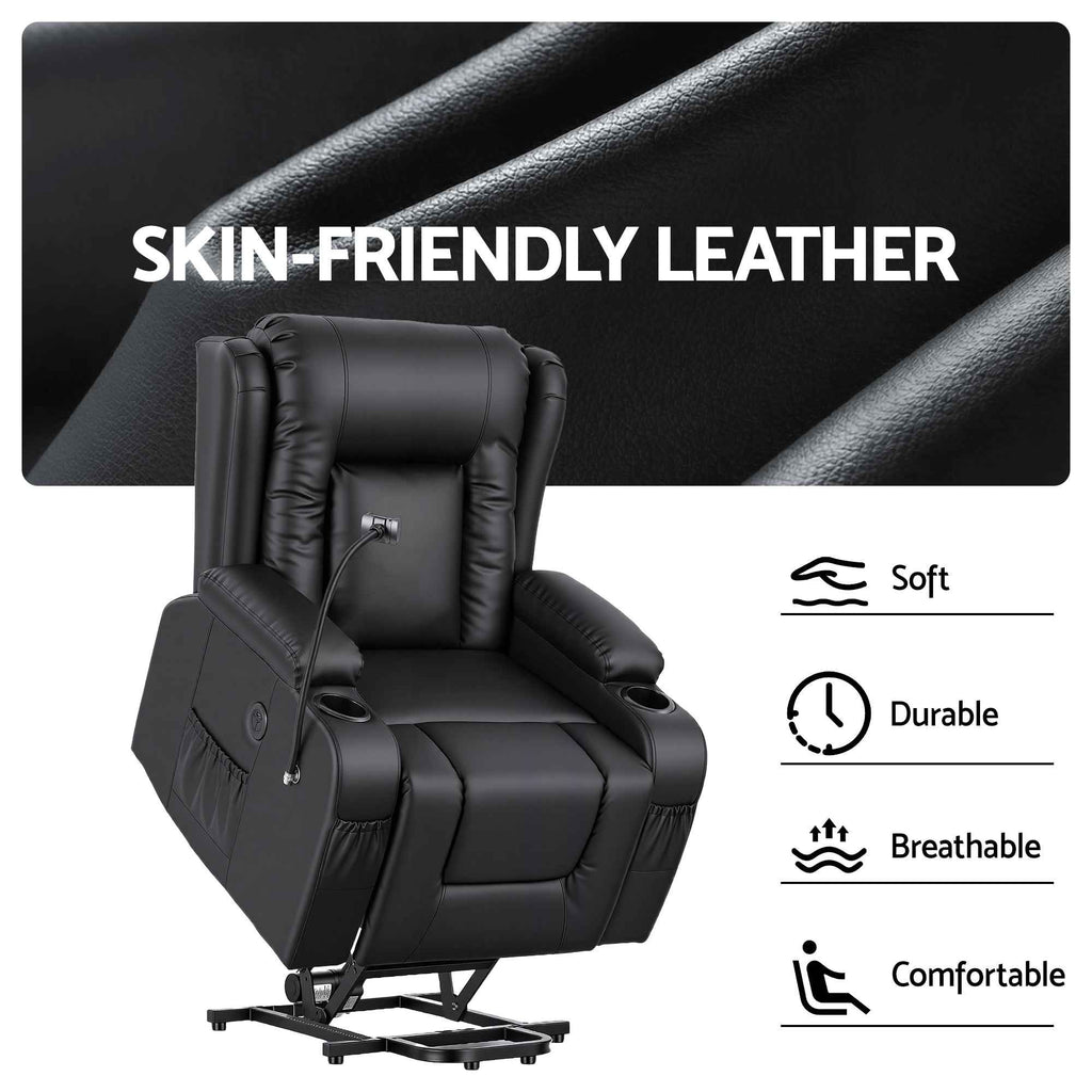 Artiss Power Lift Recliner Chair with Massage and Heat for Elderly, Electric Sofa Reclining Chair with USB and Phone Holder, PU Leather Comfy Armchair for Living Room, 2 Cup Holder & 4 Pockets, Black
