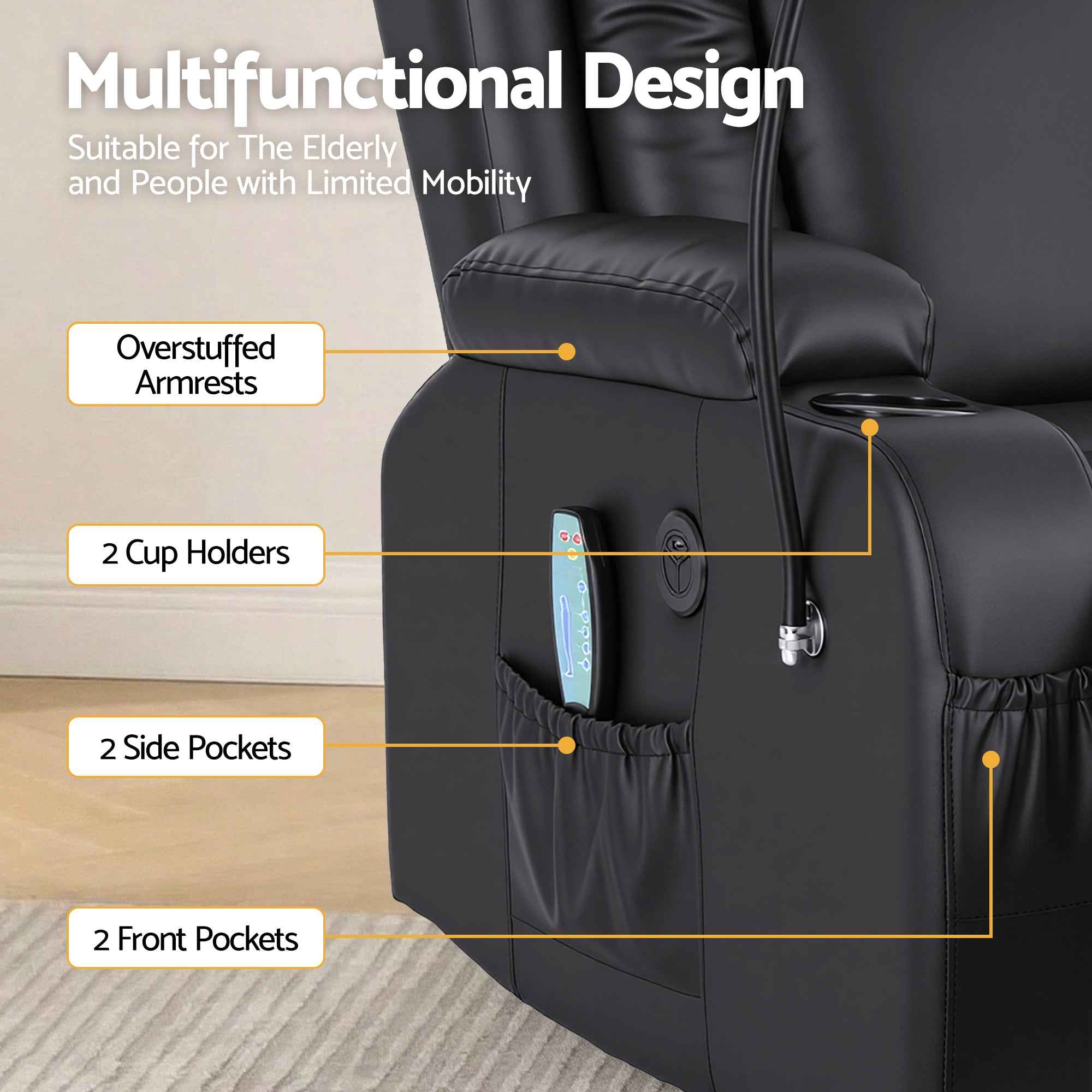 Artiss Power Lift Recliner Chair with Massage and Heat for Elderly, Electric Sofa Reclining Chair with USB and Phone Holder, PU Leather Comfy Armchair for Living Room, 2 Cup Holder & 4 Pockets, Black