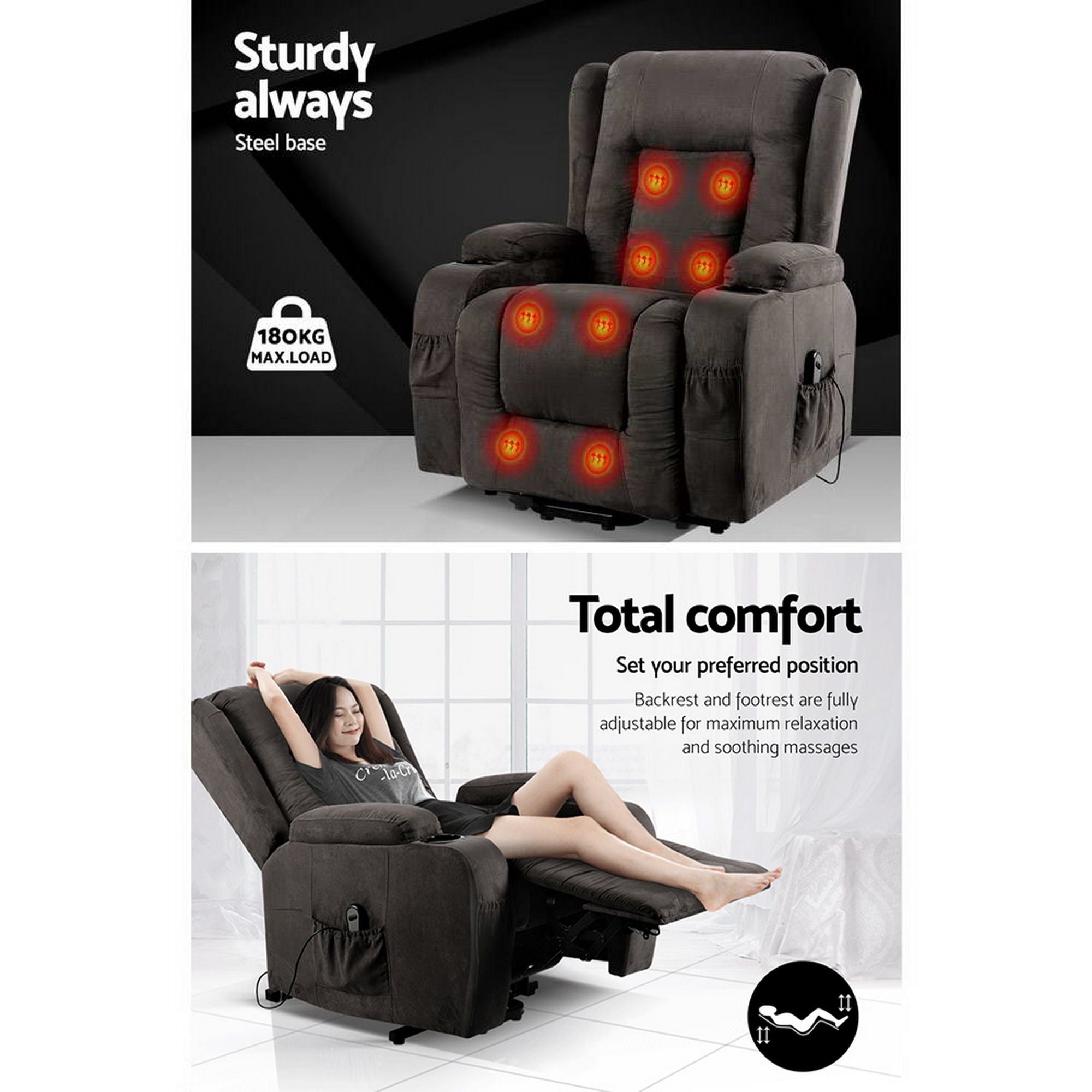 Sillón reclinable Artiss con elevación asistida, sillón de masaje con calefacción, terciopelo Rukwa