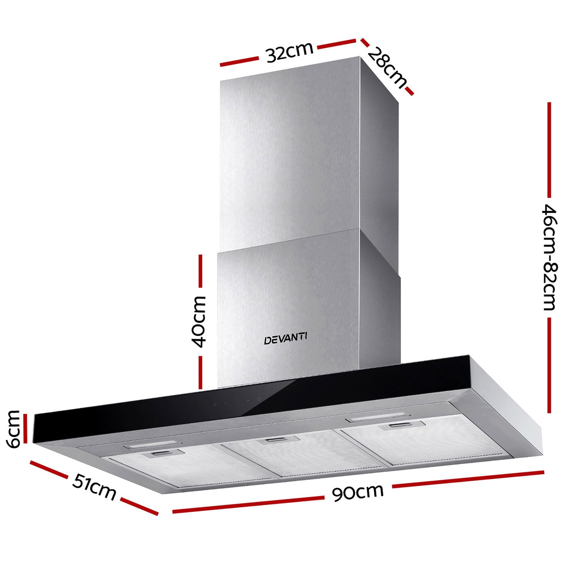 Campana extractora Devanti de 900 mm Campana extractora de 90 cm Vidrio Acero inoxidable