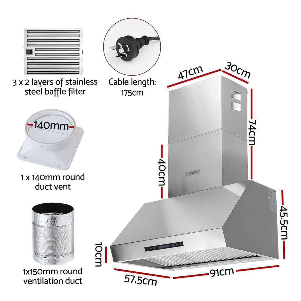 Devanti 900mm Range Hood 3-Speed Fan LED Display Remote Control