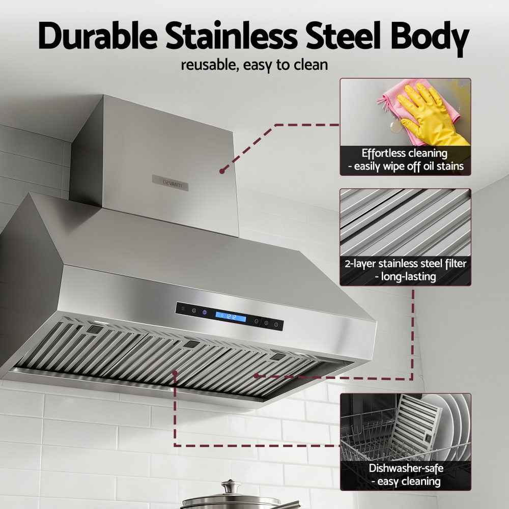 Devanti 900mm Range Hood 3-Speed Fan LED Display Remote Control