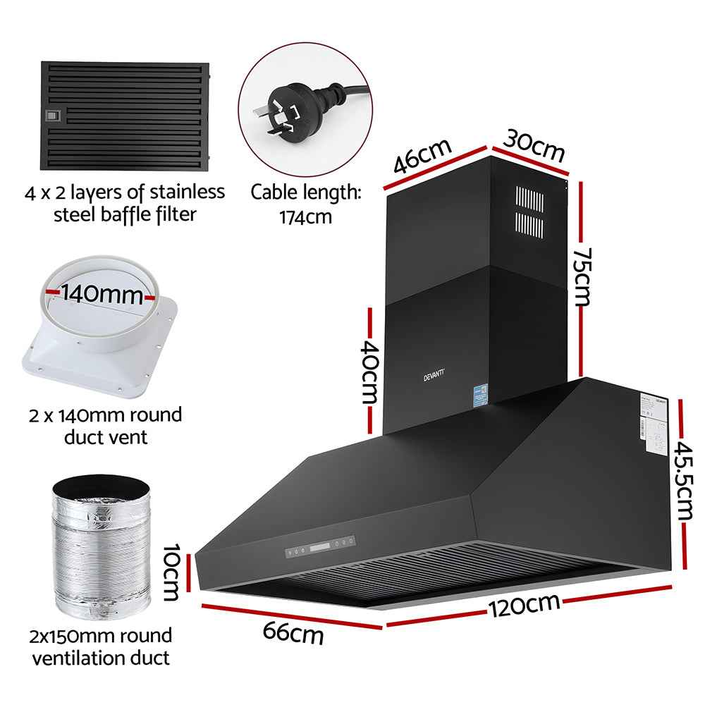 Devanti 1200mm Commercial BBQ Range Hood Dual Motor W/ Remote Control Black
