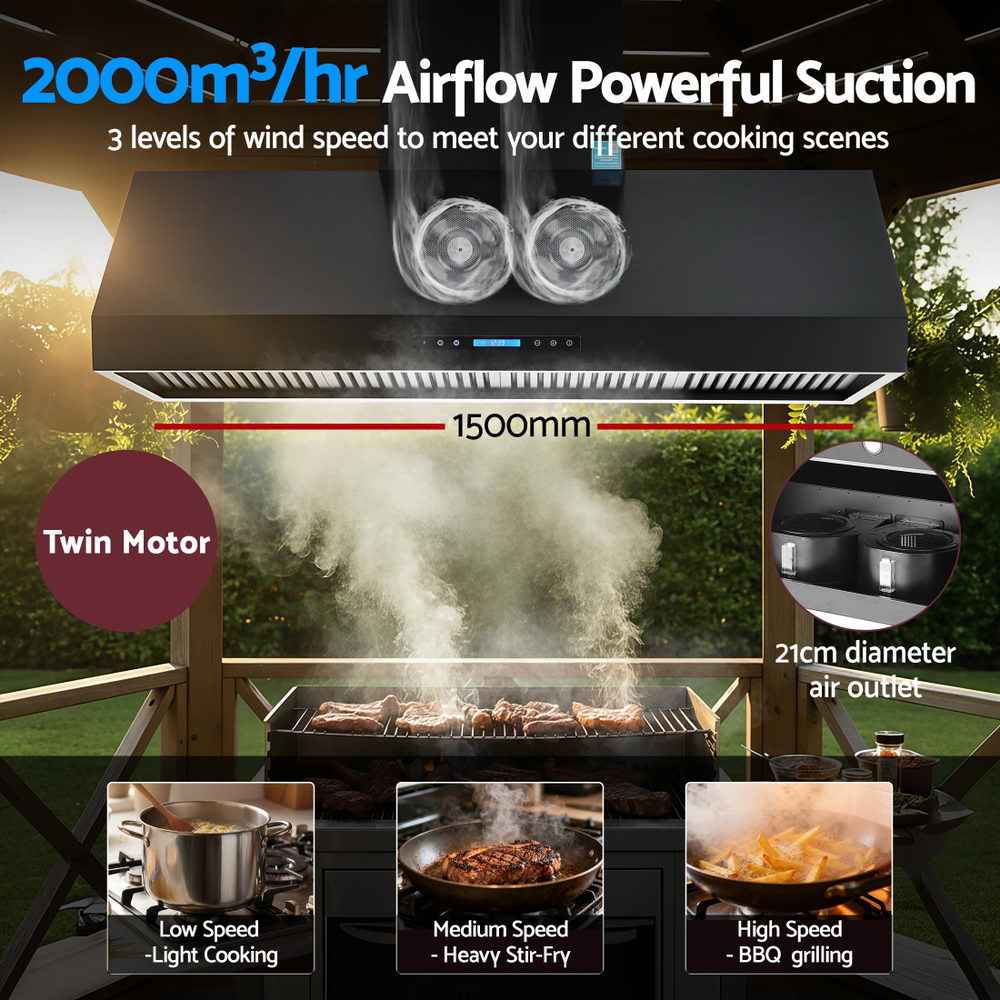 Devanti 1500mm Commercial BBQ Range Hood Dual Motor W/ Remote Control Black