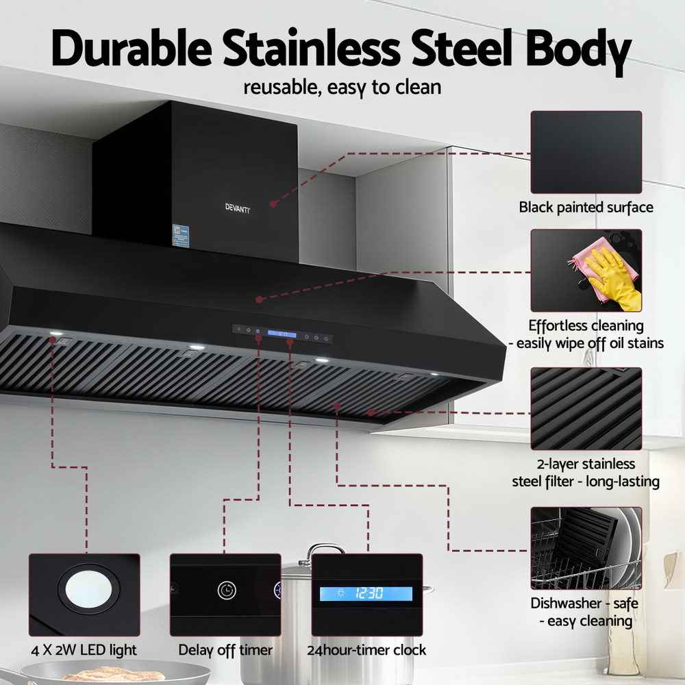 Devanti 1500mm Commercial BBQ Range Hood Dual Motor W/ Remote Control Black
