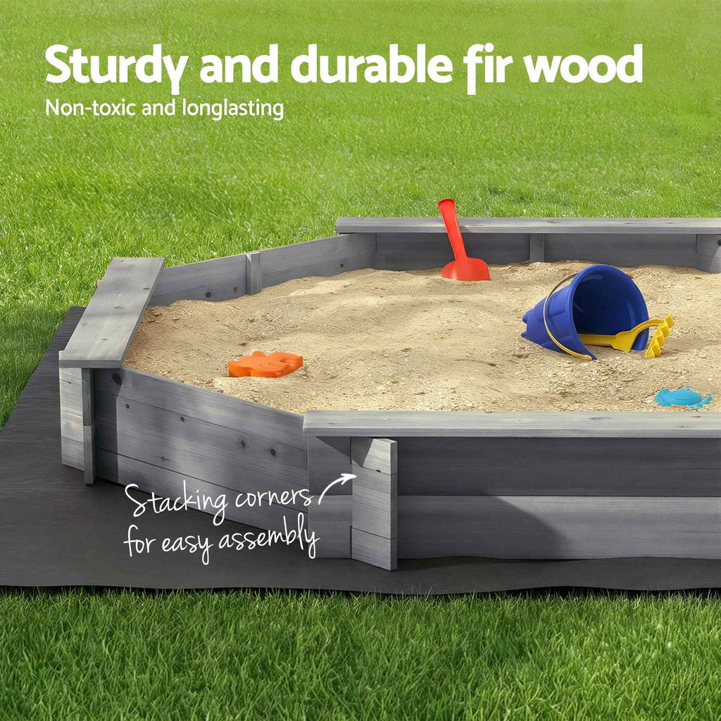 Keezi Kids Sandpit Wooden Round Sand Pit with Cover Bench Seat Beach Toys 182cm Grey