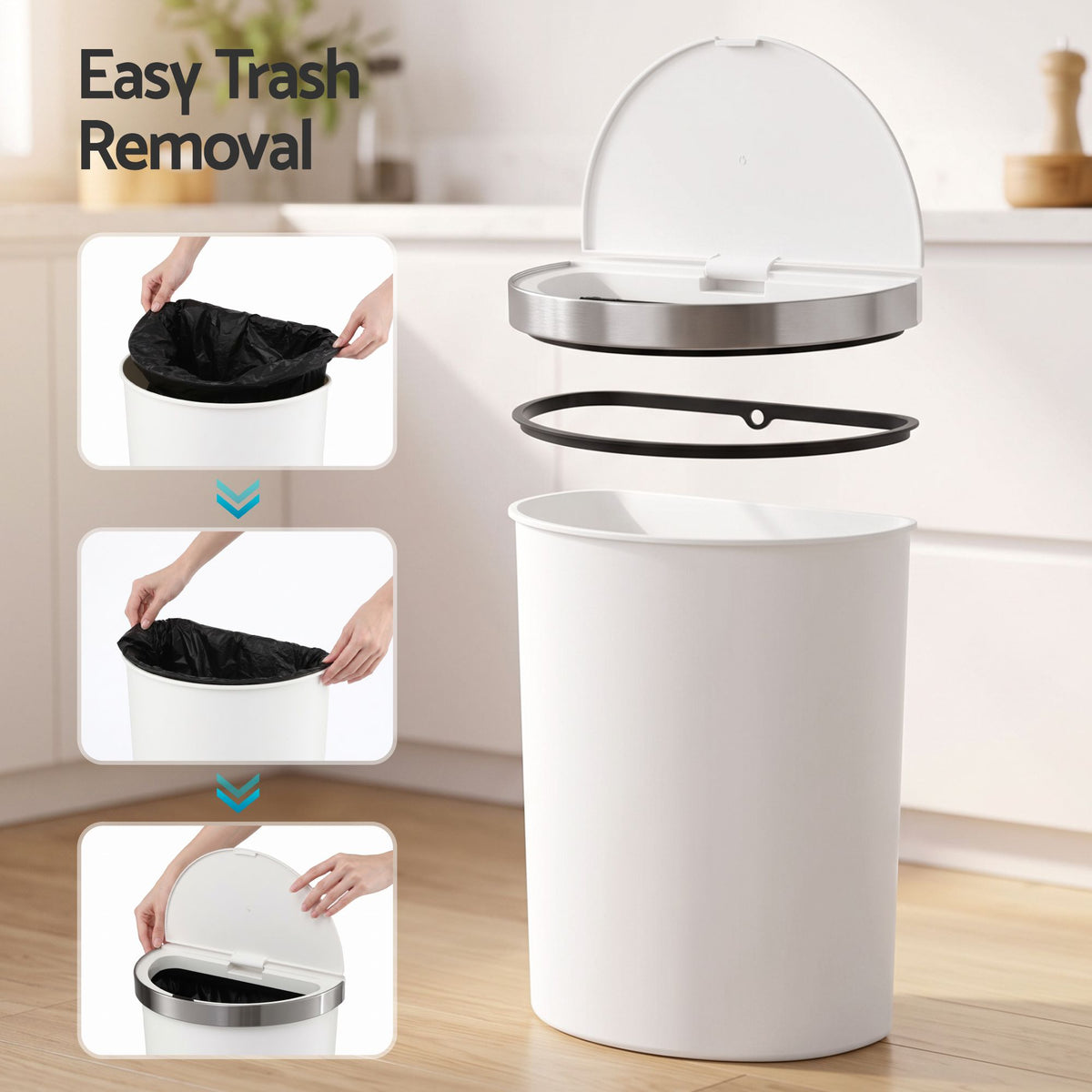 Devanti 50L Motion Sensor Bins Trash Can Kitchen Smart Rubbish Bin D-shape design White