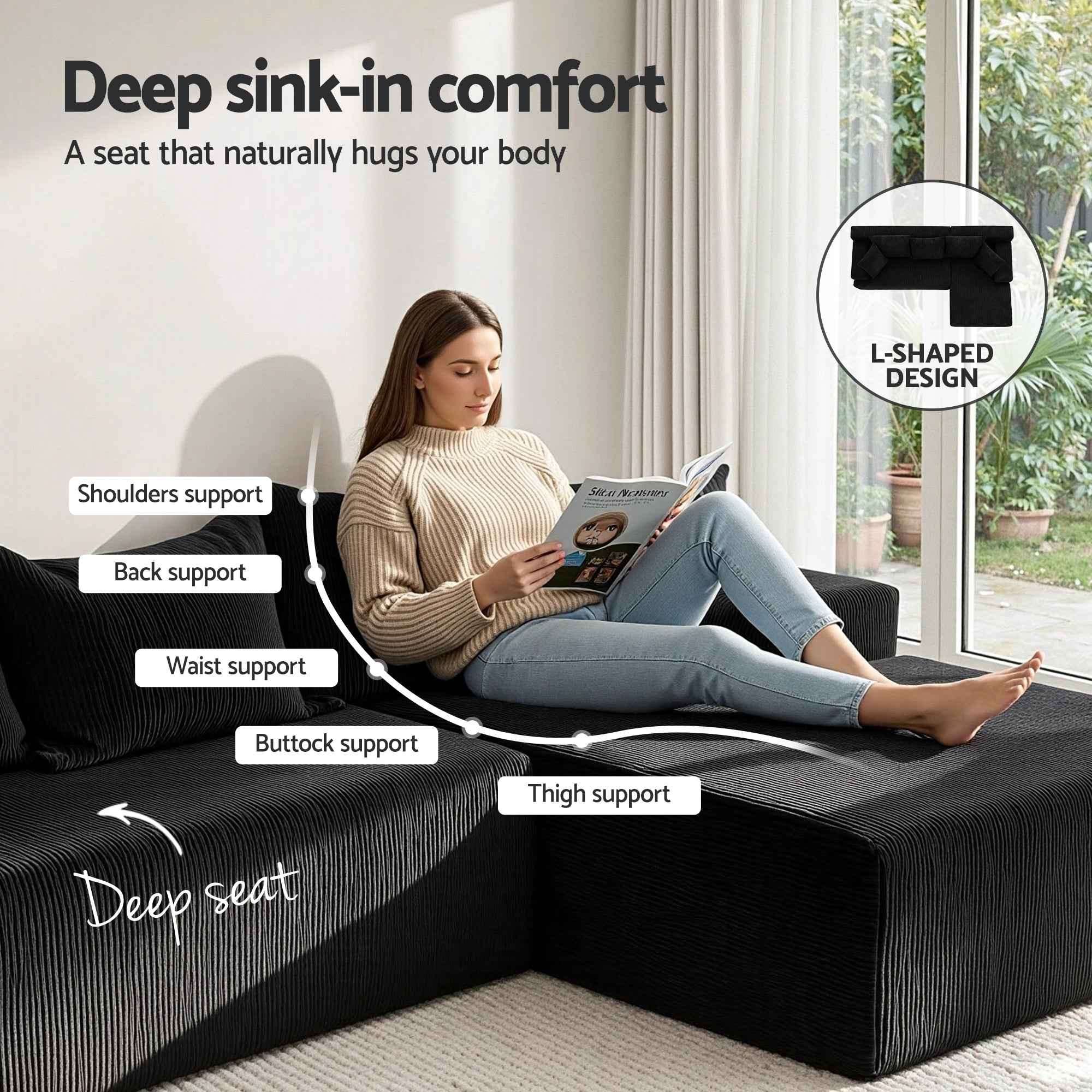 Artiss Modular Sectional Sofa Bed Convertible L-Shaped Couch with Deep Seat for Living Room