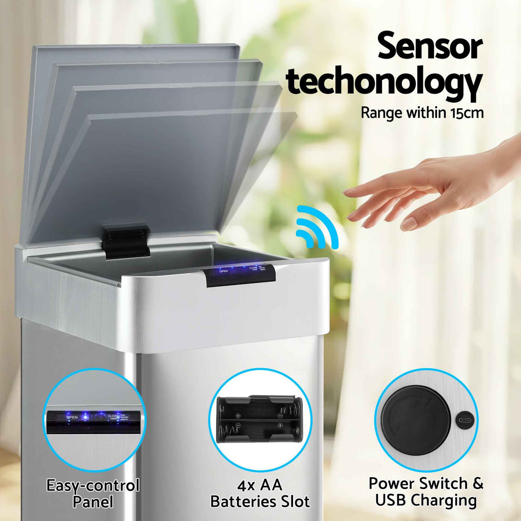 Devanti 50L Motion Sensor Bin Rubbish Bins Kitchen Automatic Trash Can Silver