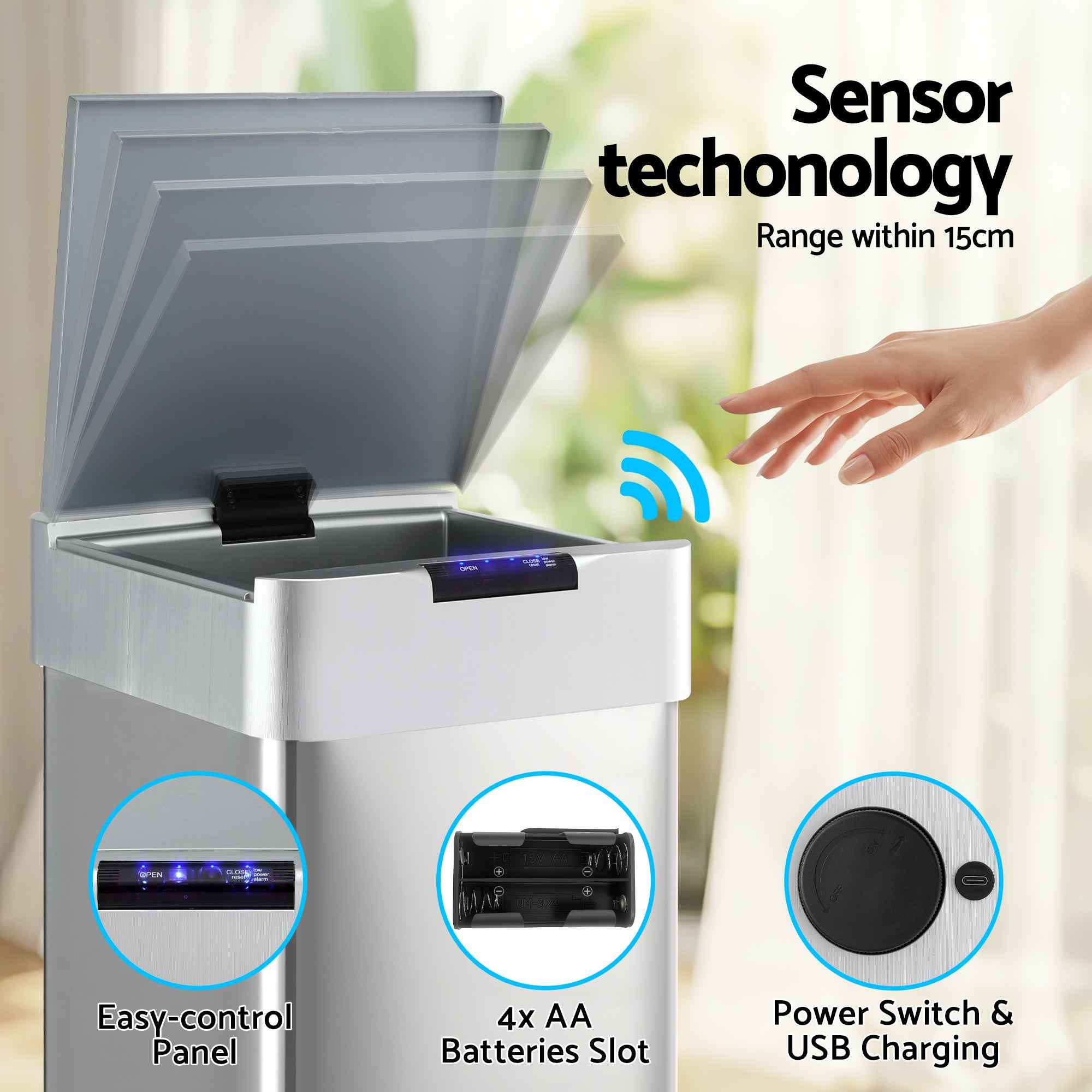 Devanti 50L Motion Sensor Bin Rubbish Bins Kitchen Automatic Trash Can Silver