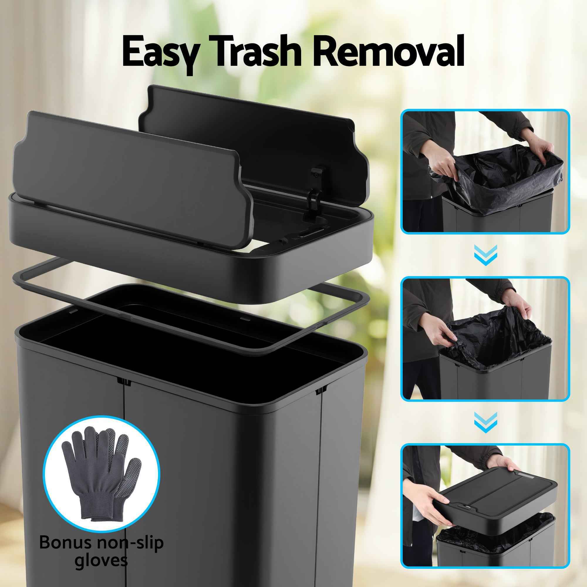 Devanti Rubbish Bin 70L Automatic Sensor Kitchen Bin, Slim Smart Garbage Can Touchless Rectangular with Liner Holder, Fully Closed Lid for Bedroom, Bathroom, Living Room, Black