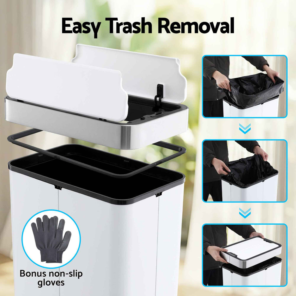 Devanti Rubbish Bin 70L Automatic Sensor Kitchen Bin, Slim Smart Garbage Can Touchless Rectangular with Liner Holder, Fully Closed Lid for Bedroom, Bathroom, Living Room, White