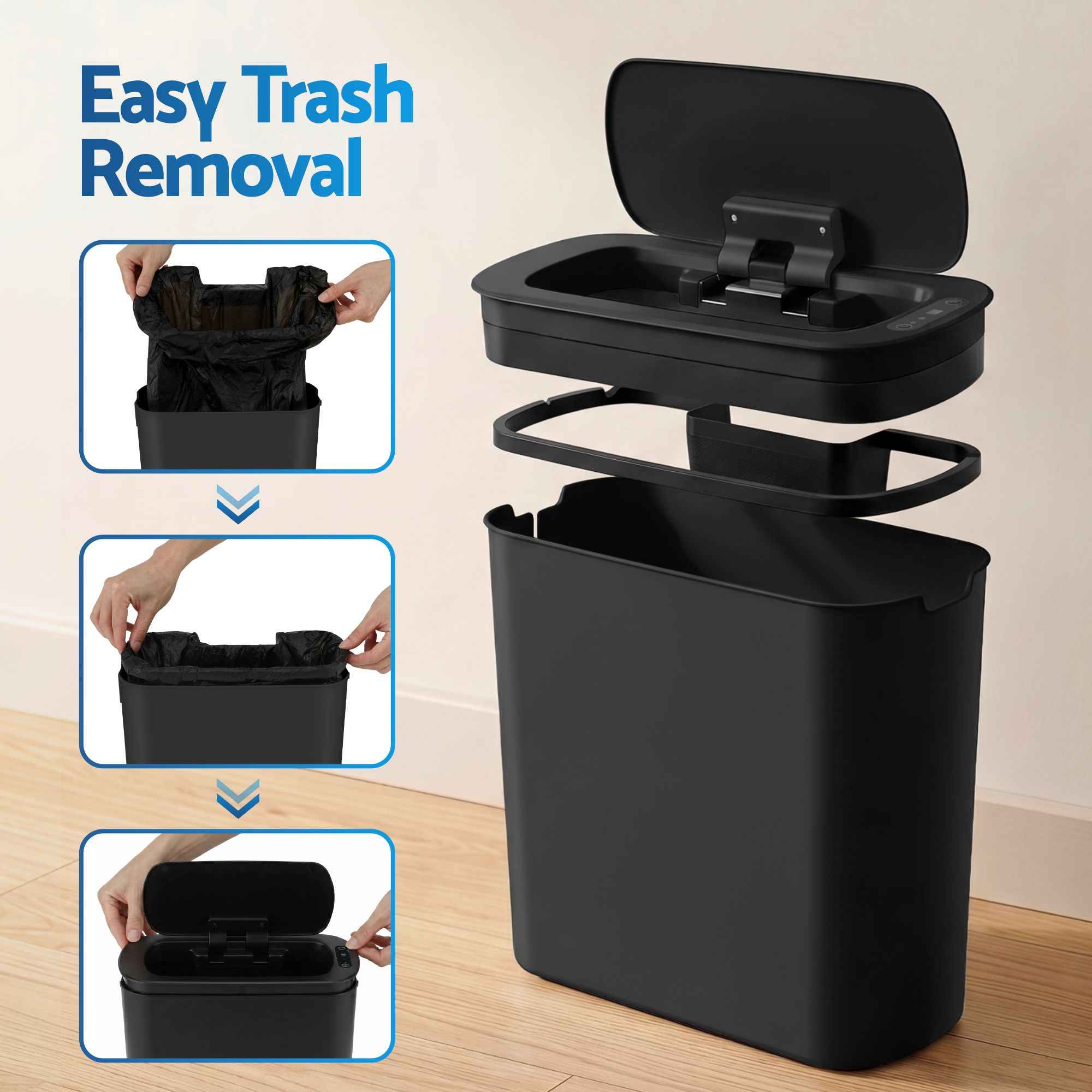 Devanti Automatic Trash Bin 2PCS with Lid 11L Motion Sensor Kitchen Bin Touchless Garbage Can Modern Black Plastic Slim Rubbish Bin with Liner Holder for Kitchen, Home, Office