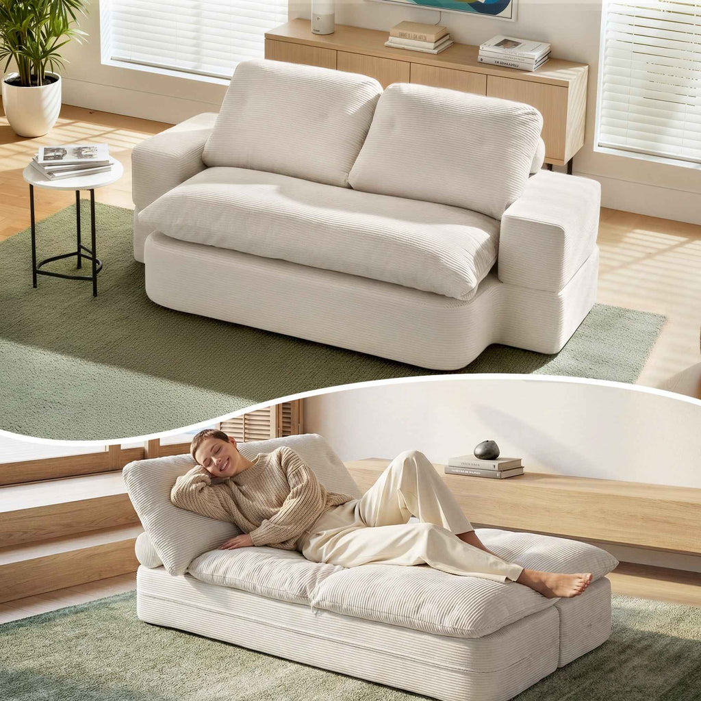 Artiss Convertible Folding Sofa Bed 30D High-Density Foam Boneless Couch with Corduroy Sleeper Couch Lounger for Living Room Beign