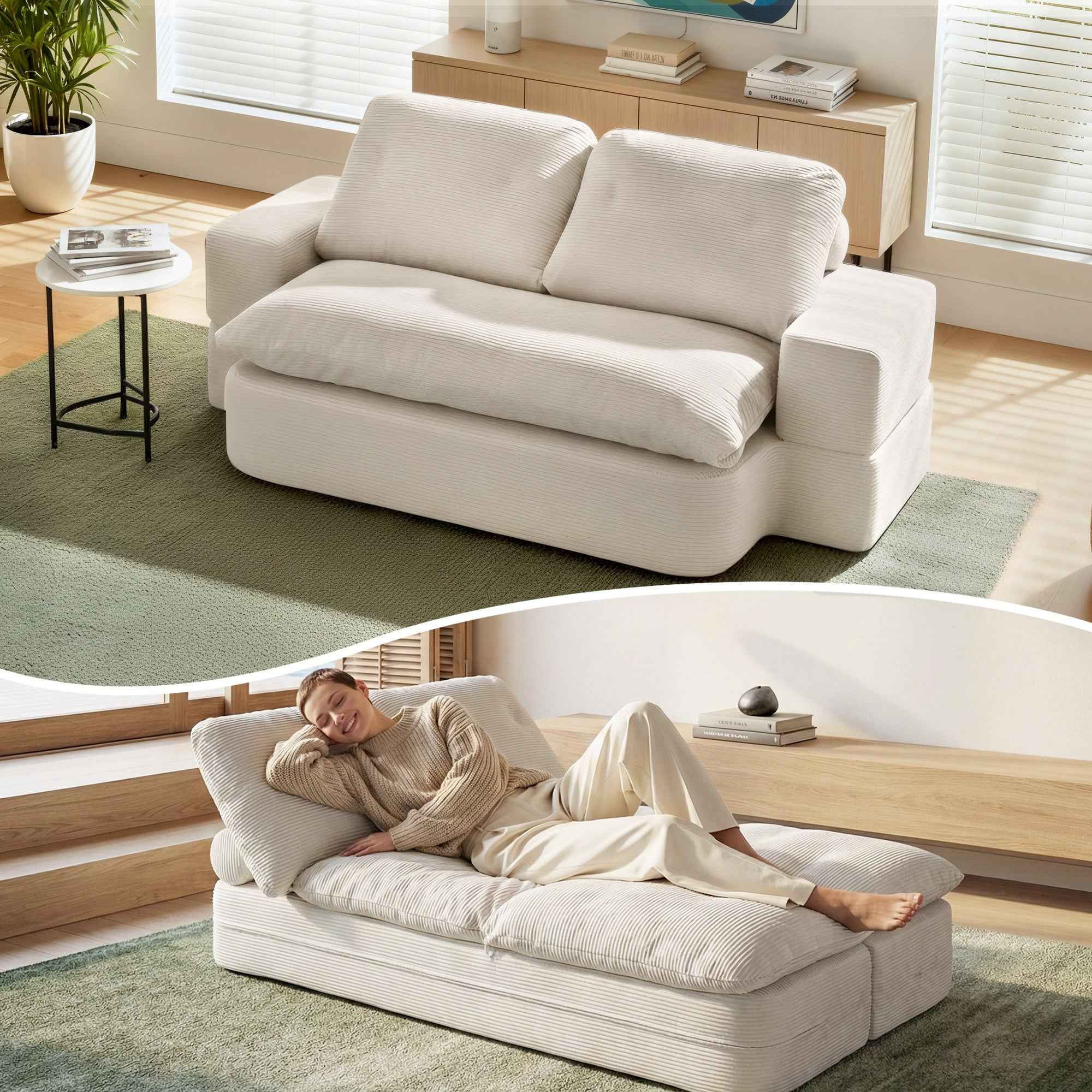 Artiss Convertible Folding Sofa Bed 30D High-Density Foam Boneless Couch with Corduroy Sleeper Couch Lounger for Living Room Beign