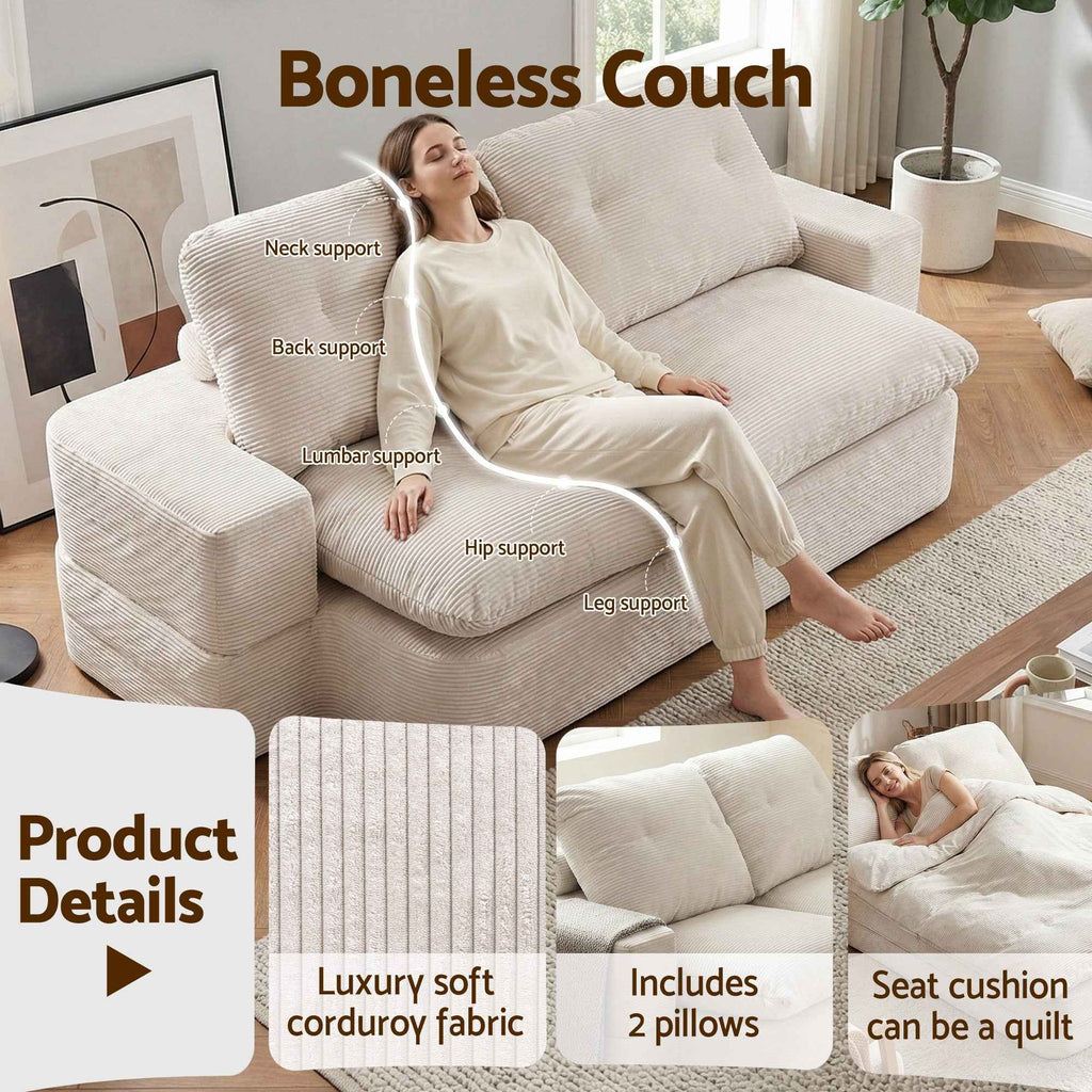 Artiss Convertible Folding Sofa Bed 30D High-Density Foam Boneless Couch with Corduroy Sleeper Couch Lounger for Living Room Beign