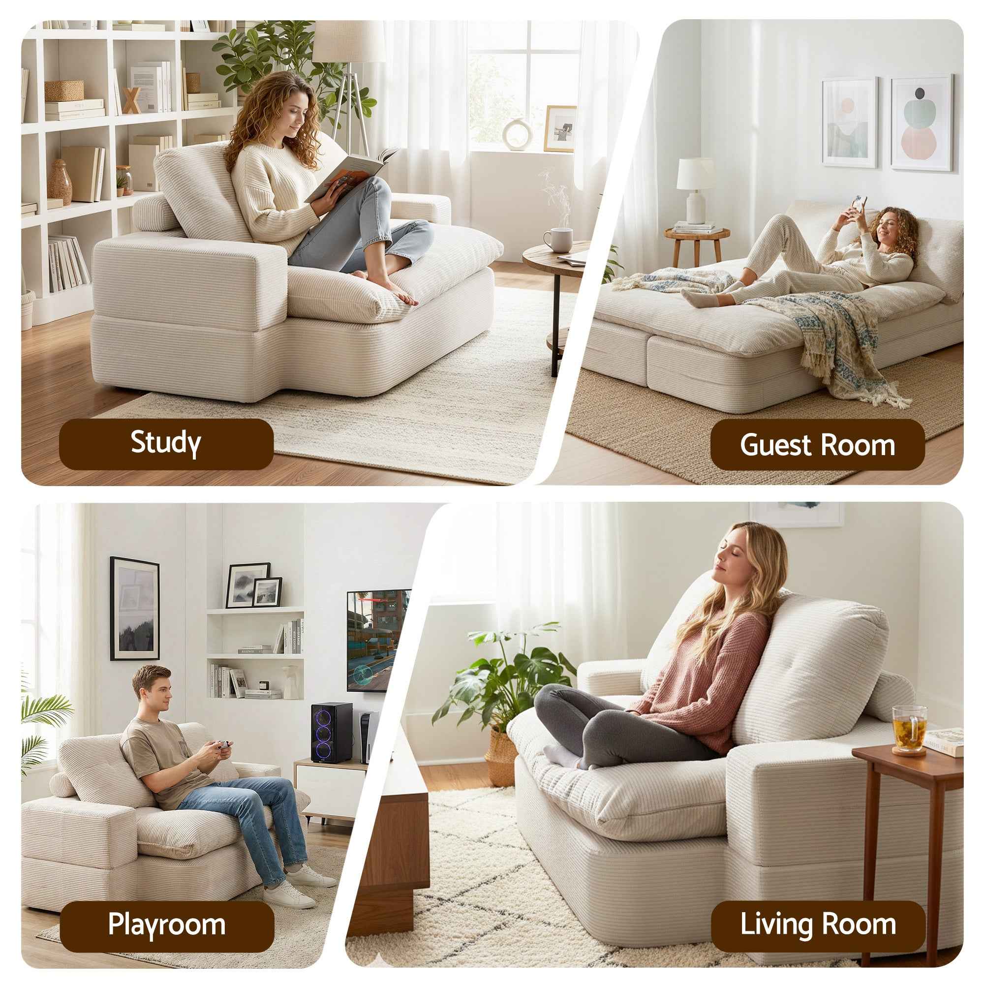 Artiss Convertible Folding Sofa Bed 30D High-Density Foam Boneless Couch with Corduroy Sleeper Couch Lounger for Living Room Beign