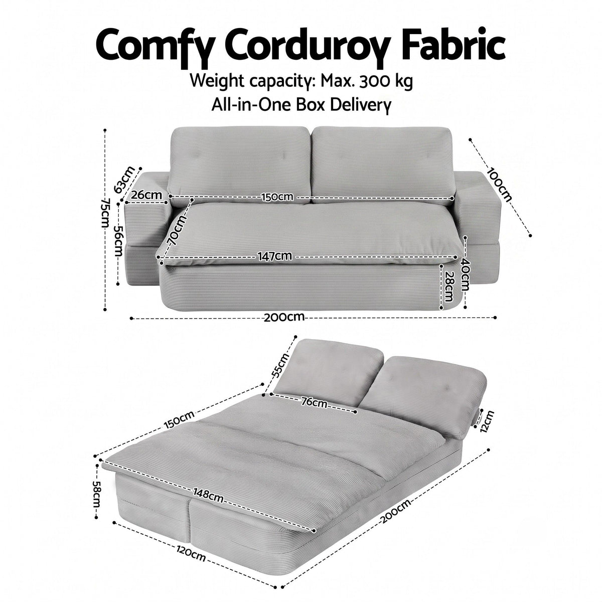 Artiss Convertible Folding Sofa Bed 30D High-Density Foam Boneless Couch with Corduroy Sleeper Couch Lounger for Living Room Grey