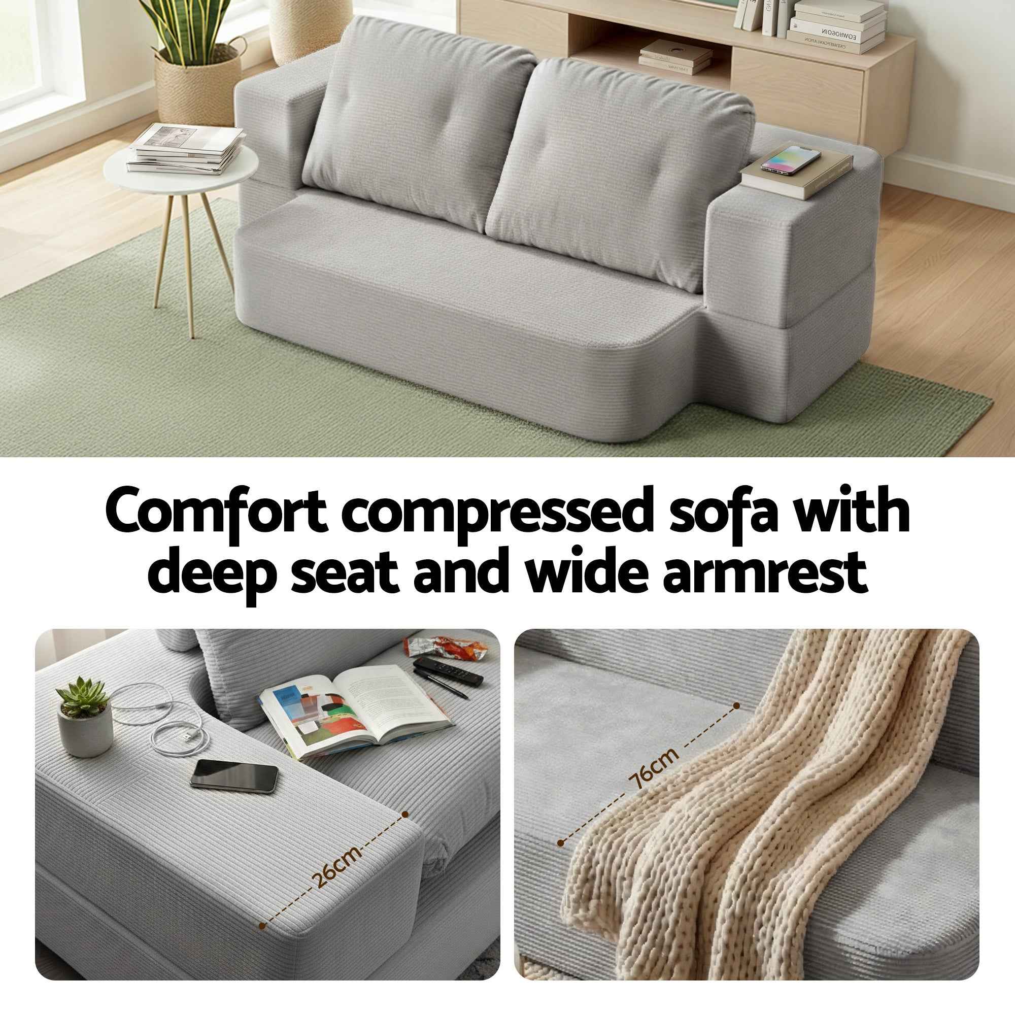 Artiss Convertible Folding Sofa Bed 30D High-Density Foam Boneless Couch with Corduroy Sleeper Couch Lounger for Living Room Grey