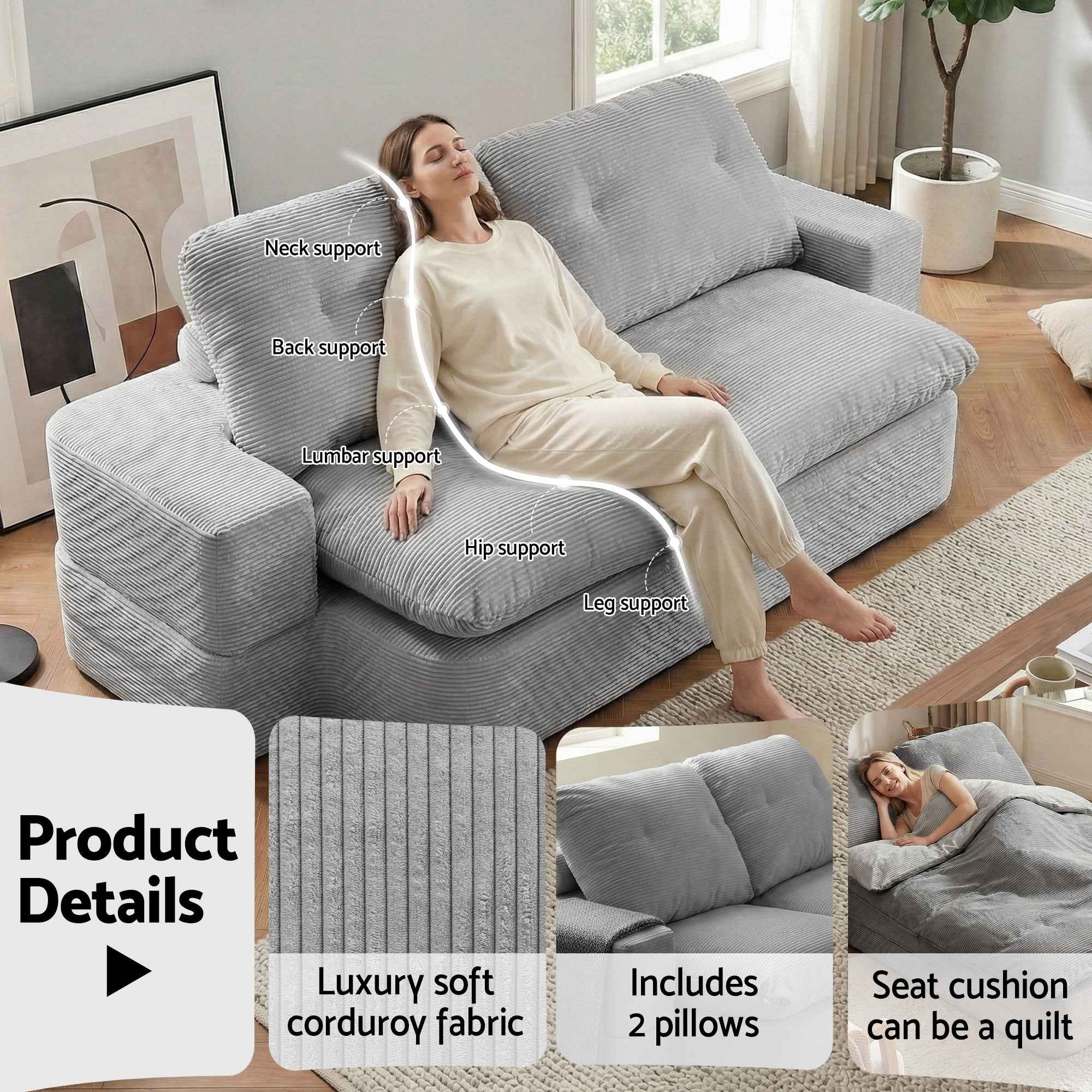 Artiss Convertible Folding Sofa Bed 30D High-Density Foam Boneless Couch with Corduroy Sleeper Couch Lounger for Living Room Grey