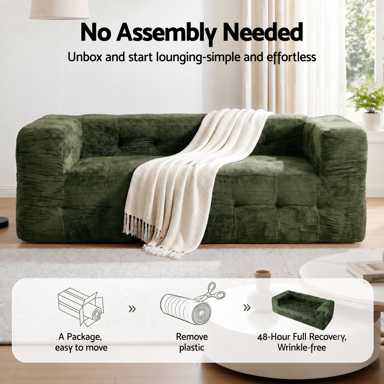 Artiss Comfort Boneless Sofa for Living Room Green Luxury Chenille