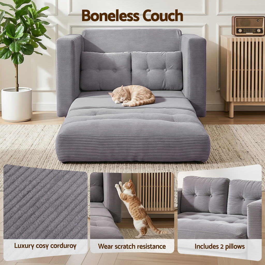 Artiss 2 Seater Corduroy Convertible Sofa Bed Pull Out Boneless Couch Grey