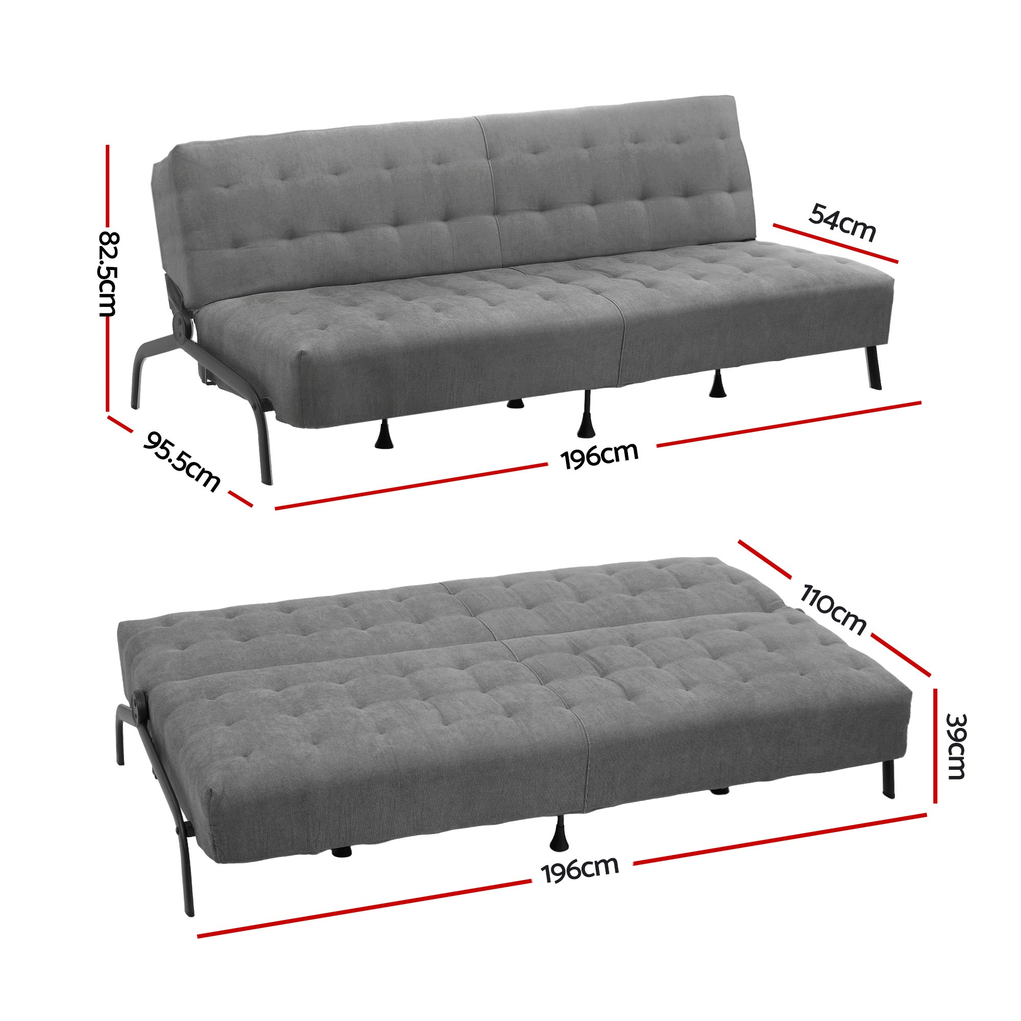 Artiss Sofa Bed, 1.9m 3-Seater Soft Innerspring Adjustable Couch Futon Chair for Apartment Dorm Living Room Office Study Bedroom, Grey