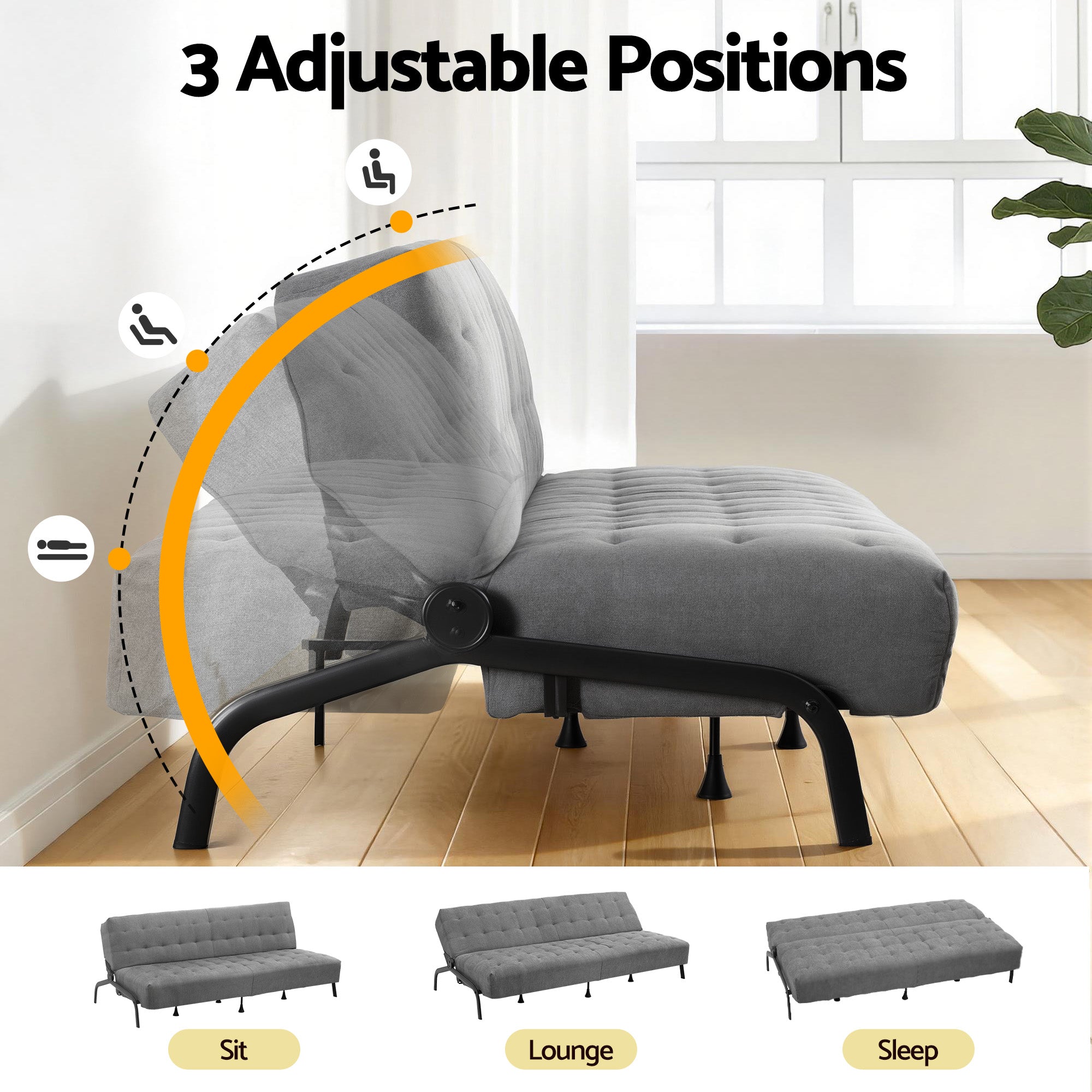 Artiss Sofa Bed, 1.9m 3-Seater Soft Innerspring Adjustable Couch Futon Chair for Apartment Dorm Living Room Office Study Bedroom, Grey