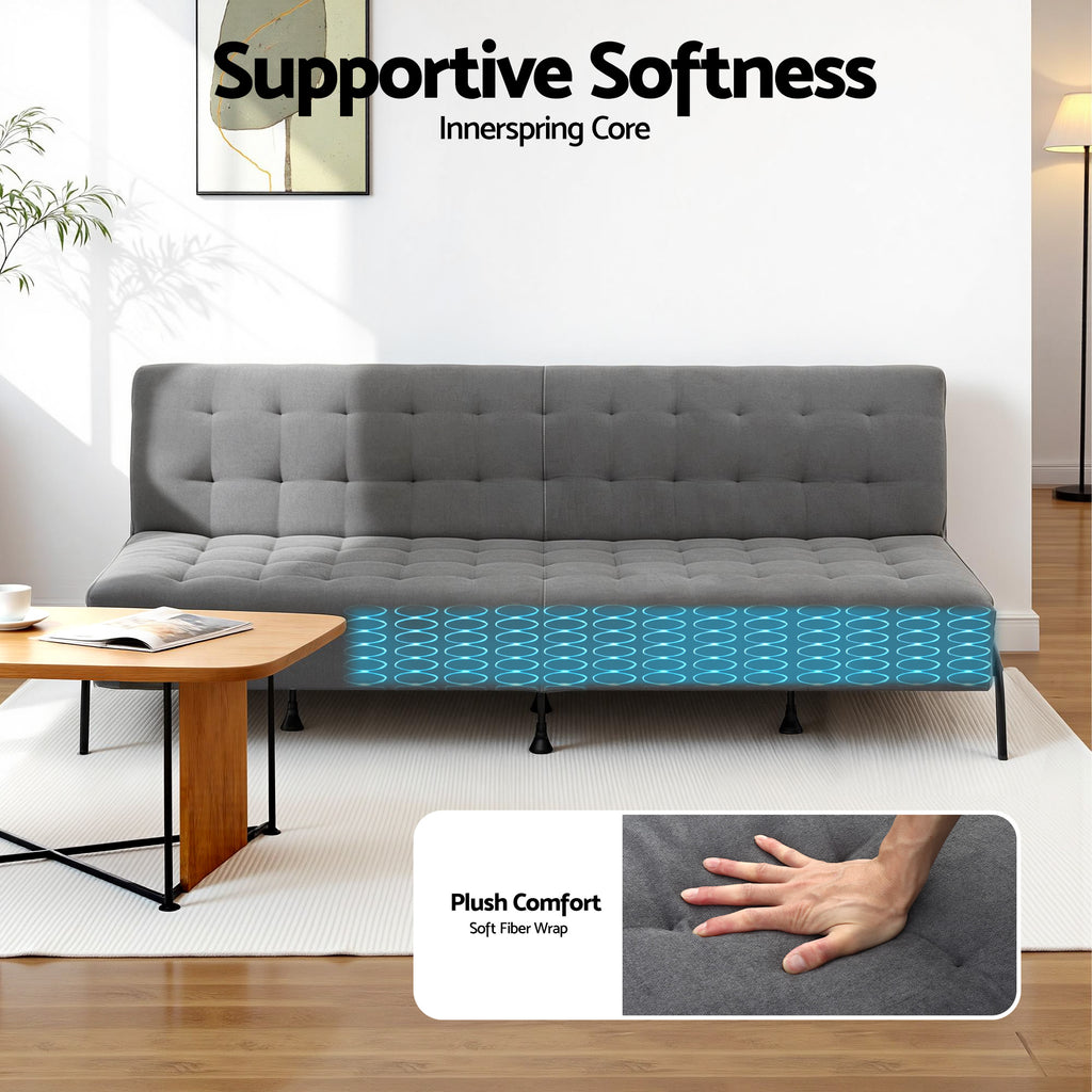Artiss Sofa Bed, 1.9m 3-Seater Soft Innerspring Adjustable Couch Futon Chair for Apartment Dorm Living Room Office Study Bedroom, Grey