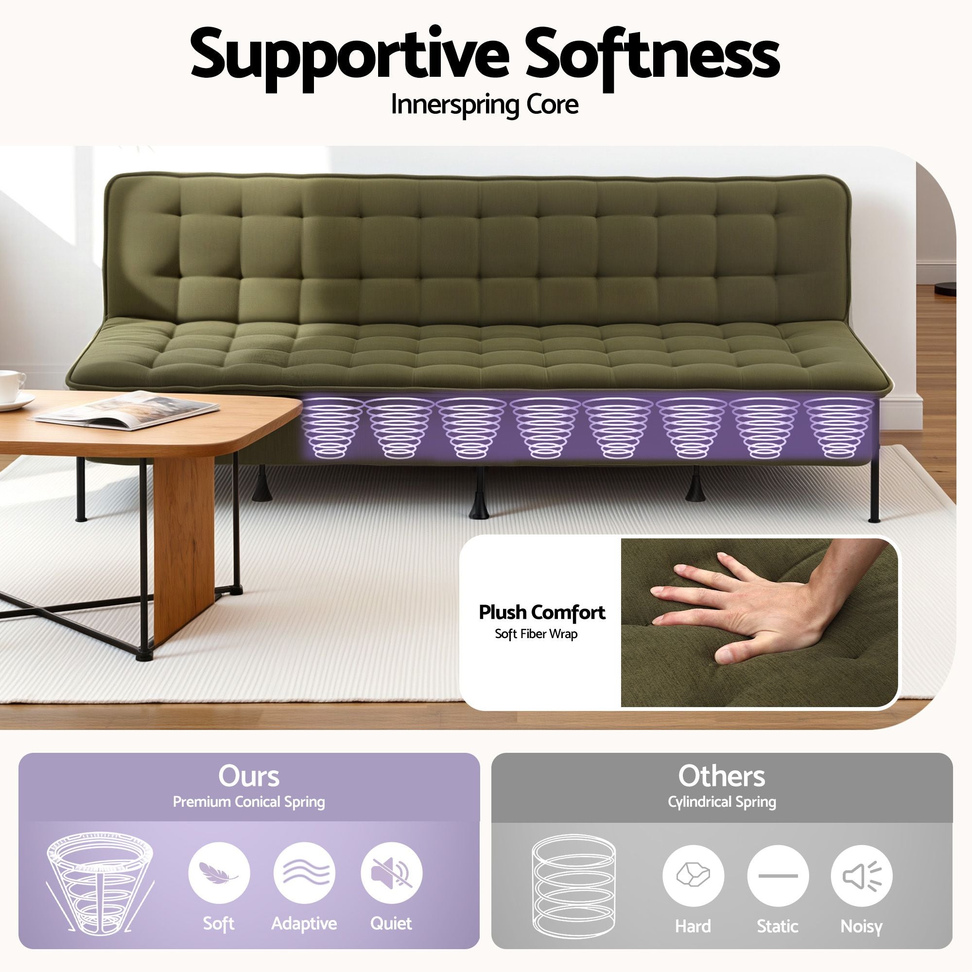 Artiss Sofa Bed, 1.9m 3-Seater Soft Innerspring Adjustable Couch Futon Chair for Apartment Dorm Living Room Office Study Bedroom, Green