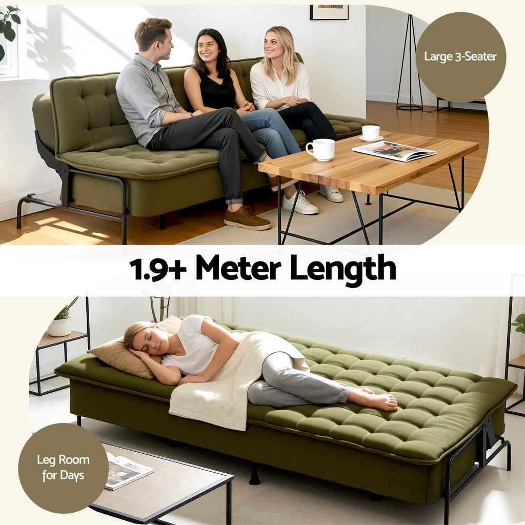 Artiss Sofa Bed, 1.9m 3-Seater Soft Innerspring Adjustable Couch Futon Chair for Apartment Dorm Living Room Office Study Bedroom, Green
