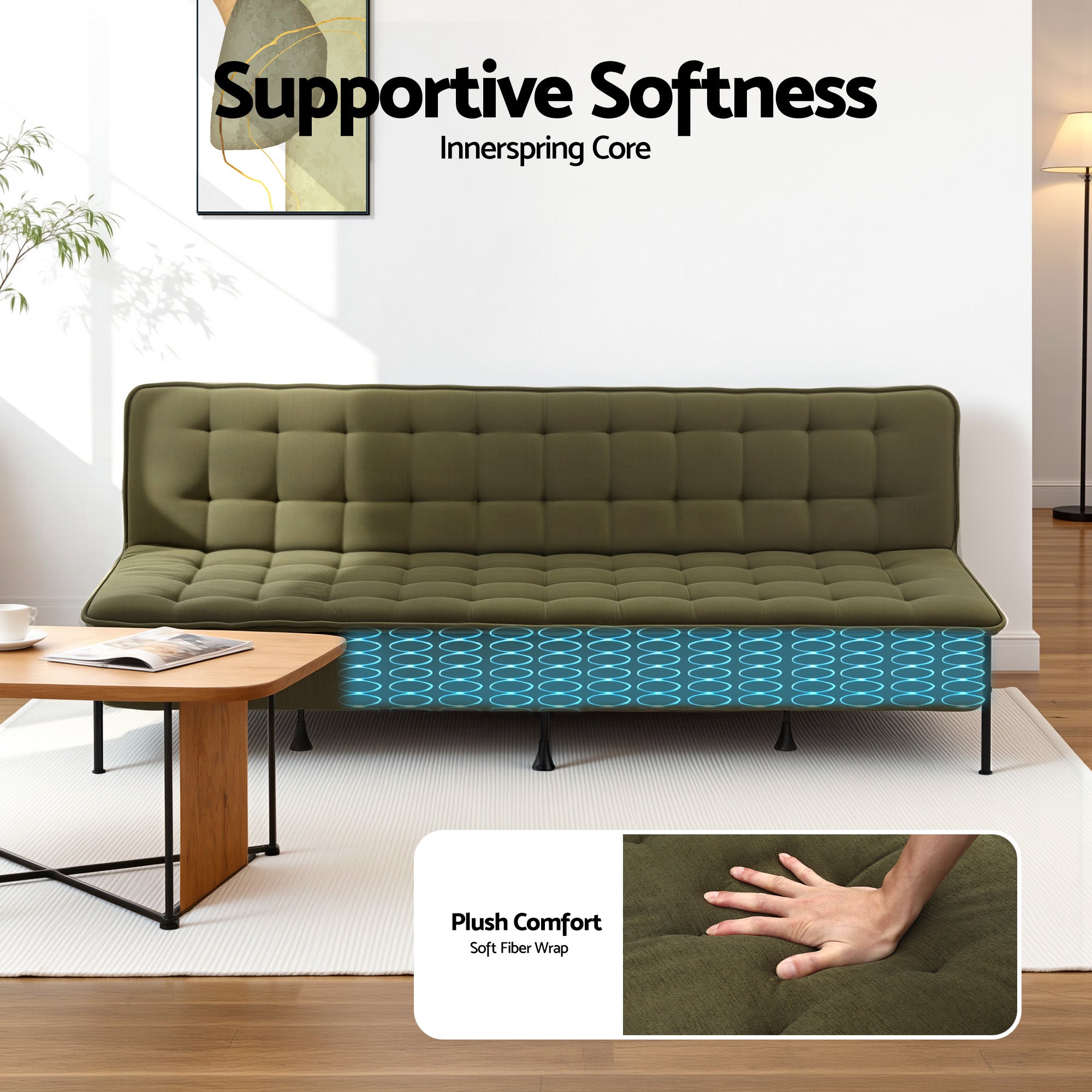 Artiss Sofa Bed, 1.9m 3-Seater Soft Innerspring Adjustable Couch Futon Chair for Apartment Dorm Living Room Office Study Bedroom, Green