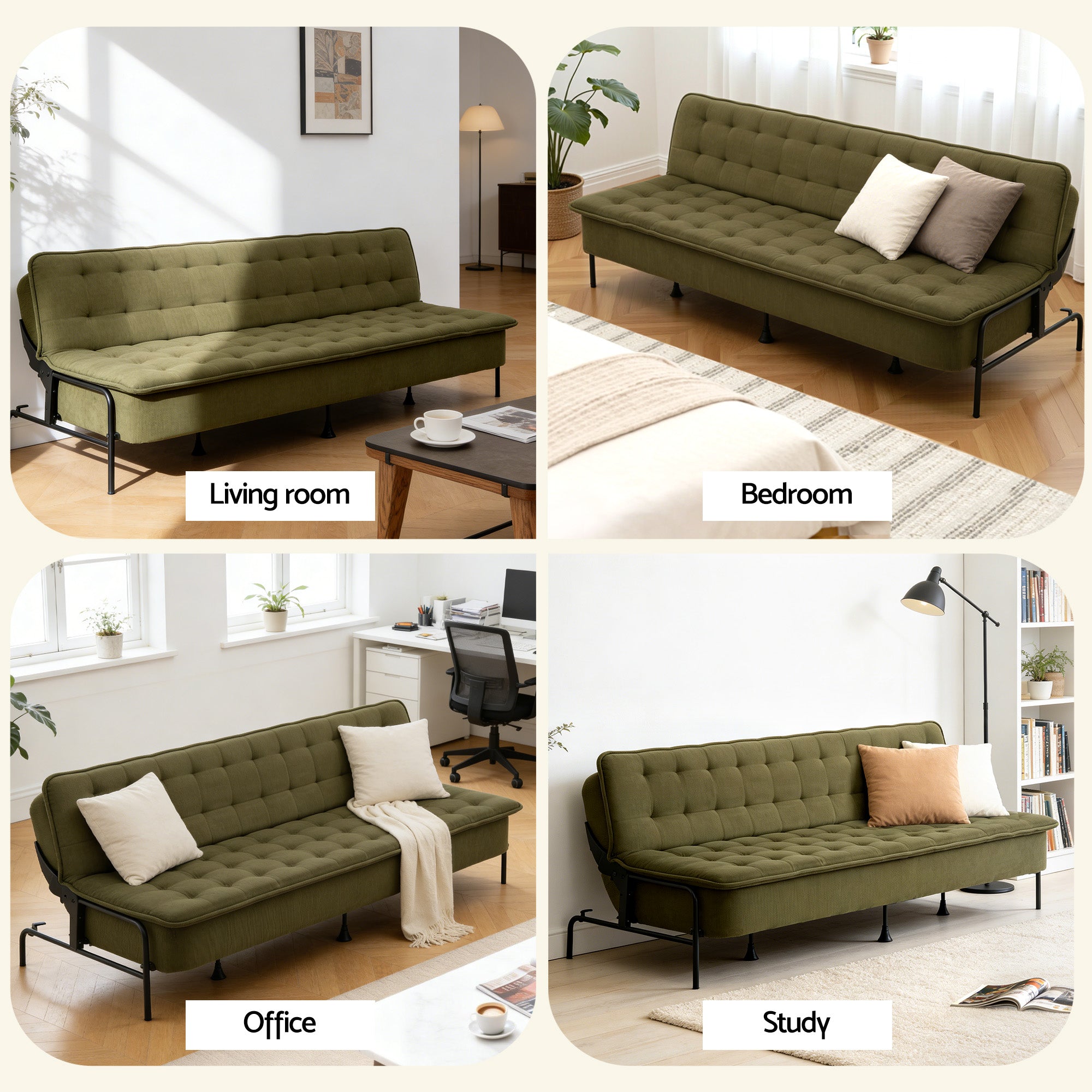 Artiss Sofa Bed, 1.9m 3-Seater Soft Innerspring Adjustable Couch Futon Chair for Apartment Dorm Living Room Office Study Bedroom, Green