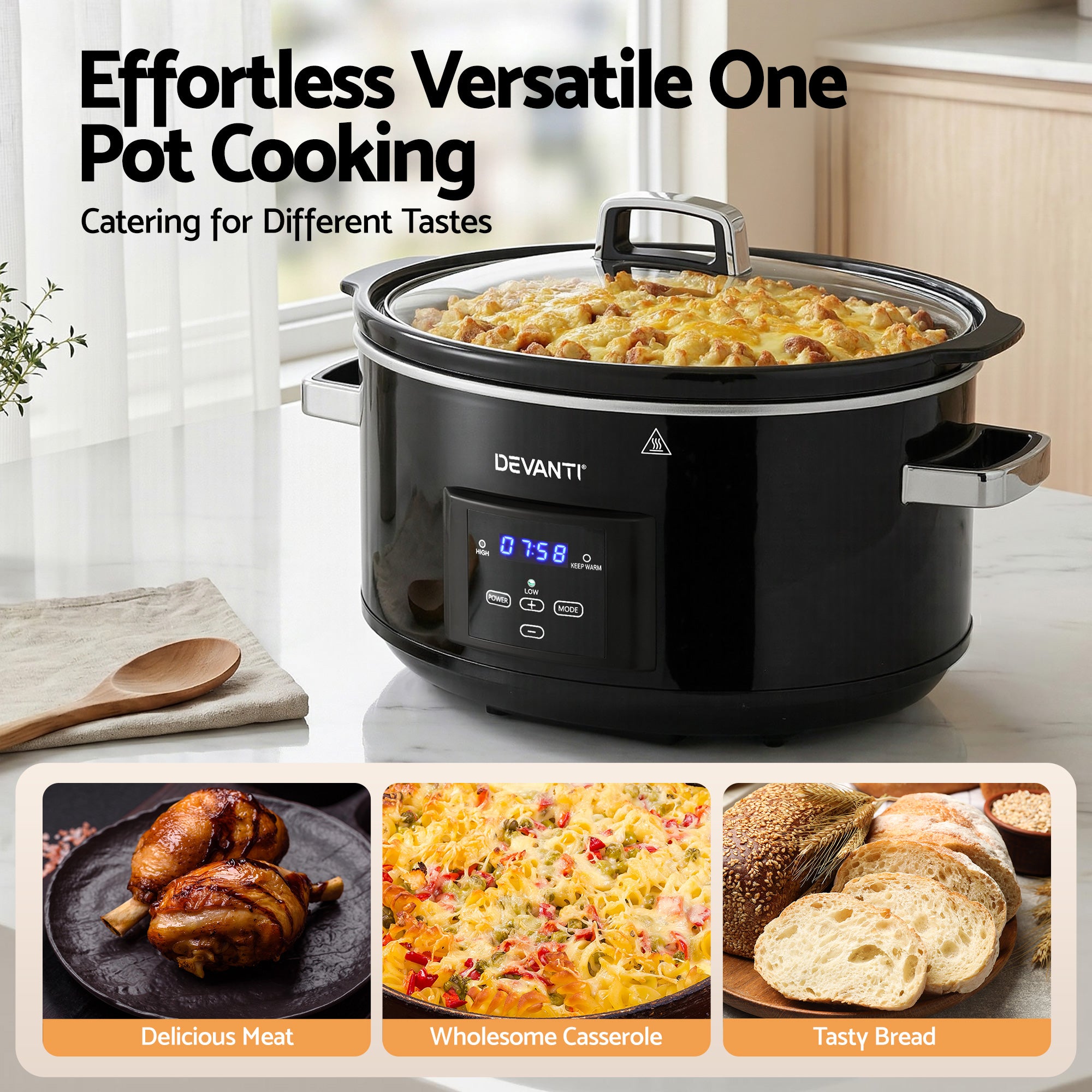 Devanti 8L Slow Cooker Electric Multi Cooker with 3 Heat Settings and Keep Warm Function