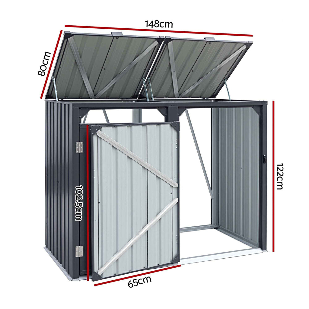 Giantz Bin Shed Double Wheelie Waste Bins Storage Steel Garden Enclosure Grey