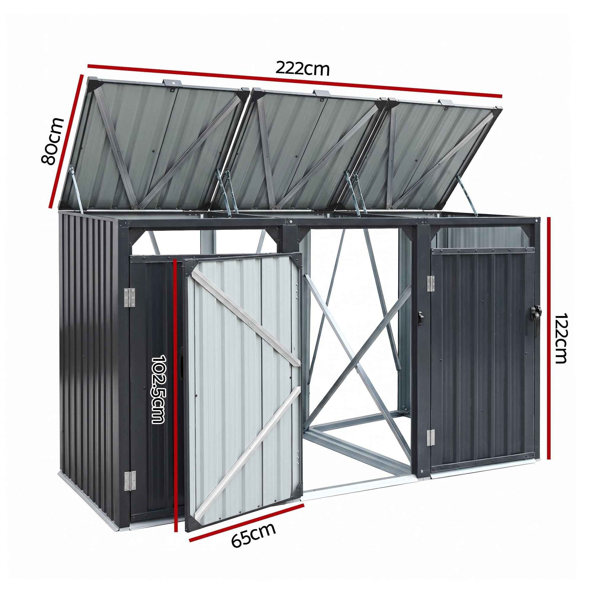 Giantz Bin Shed Triple Wheelie Waste Bins Storage Steel Garden Enclosure Grey