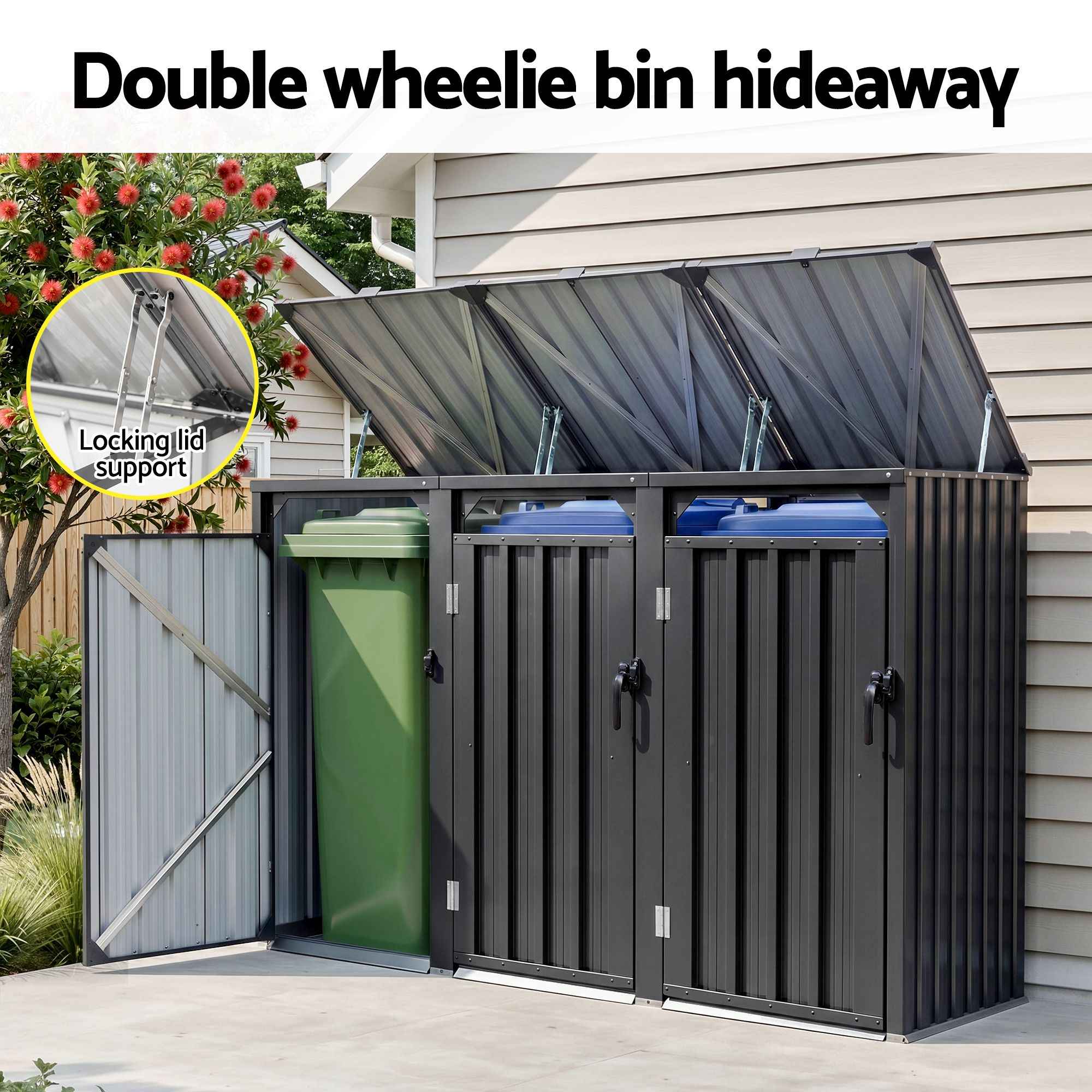 Giantz Bin Shed Triple Wheelie Waste Bins Storage Steel Garden Enclosure Grey