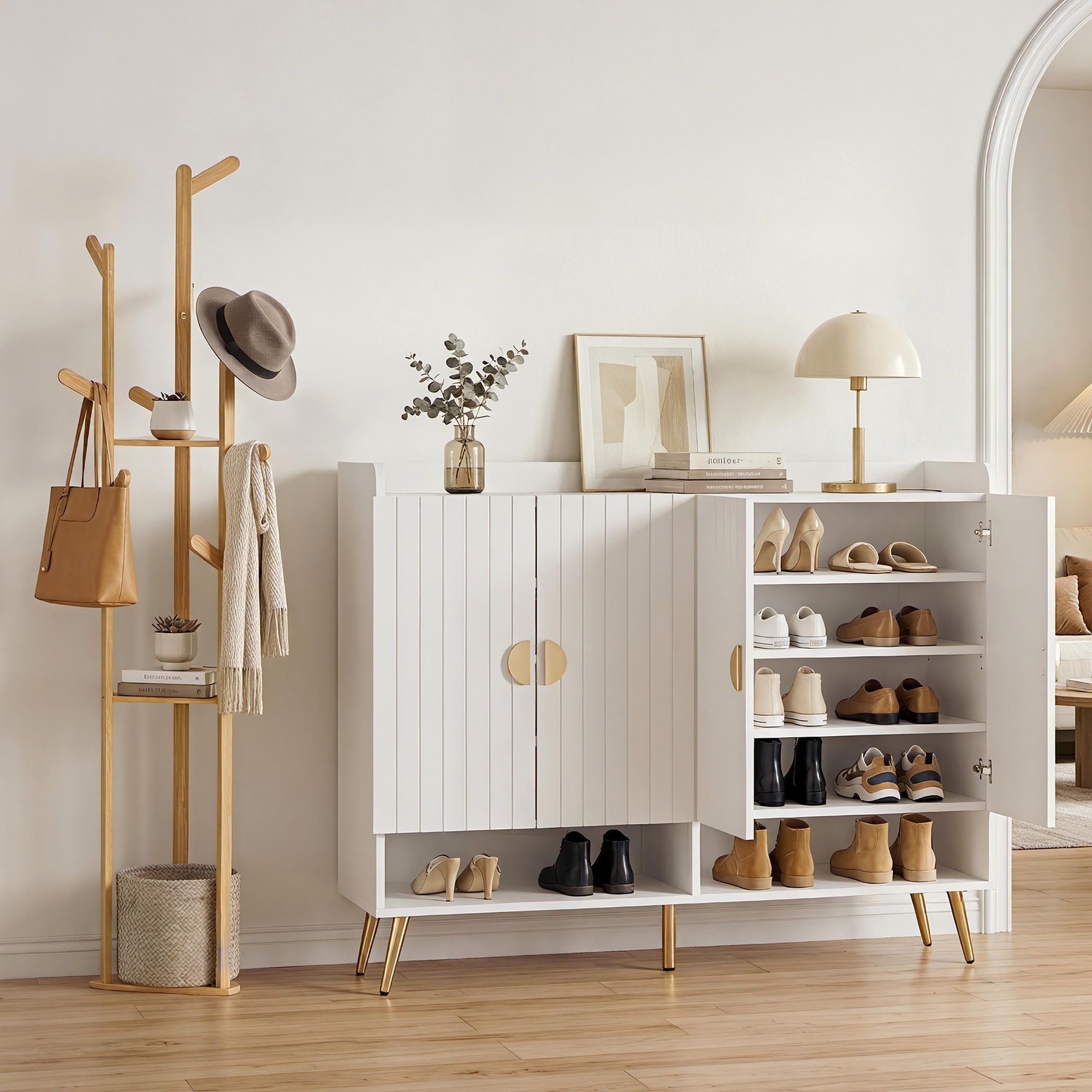 Artiss Shoe Rack Cabinet & Clothes Rack Set Storage Shelf White Pine