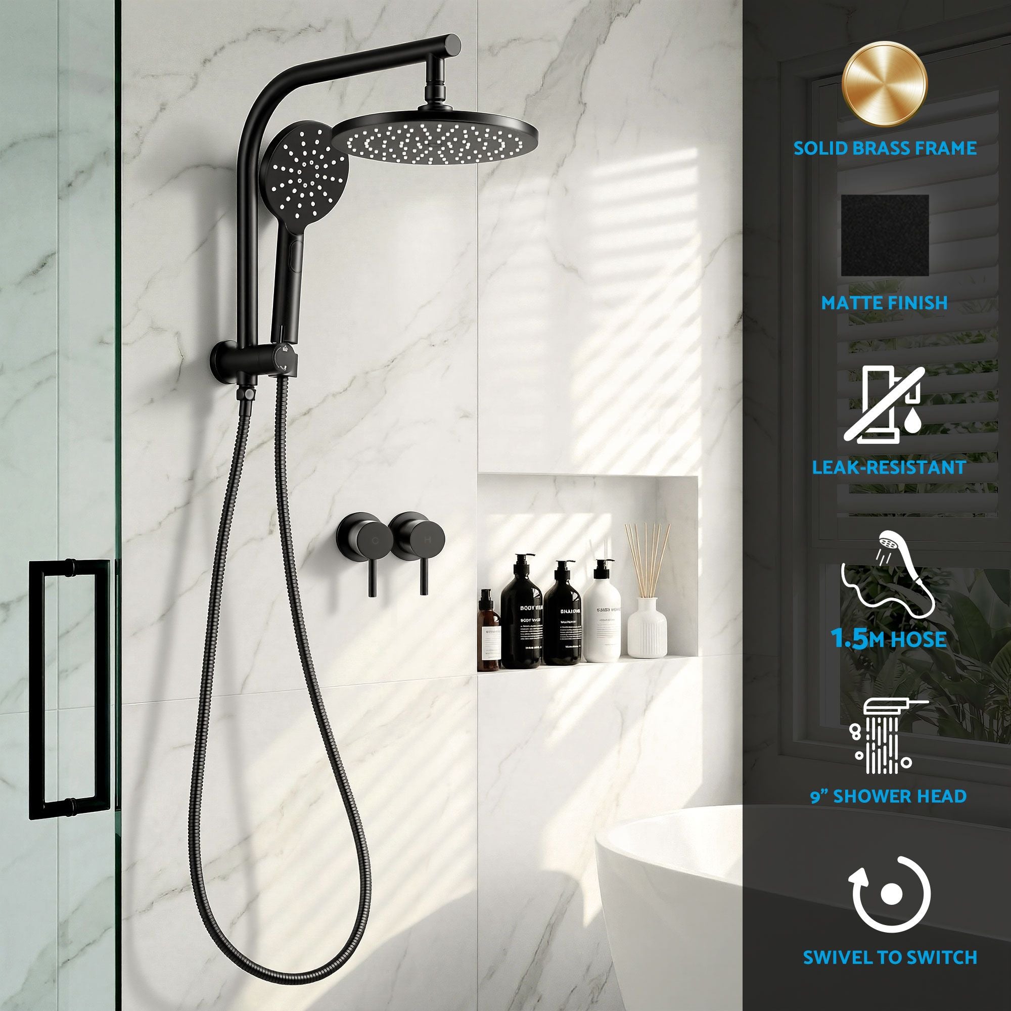 Cefito 9'' Rain Shower Head Set Handheld Round High Pressure Twins Tap Chrome