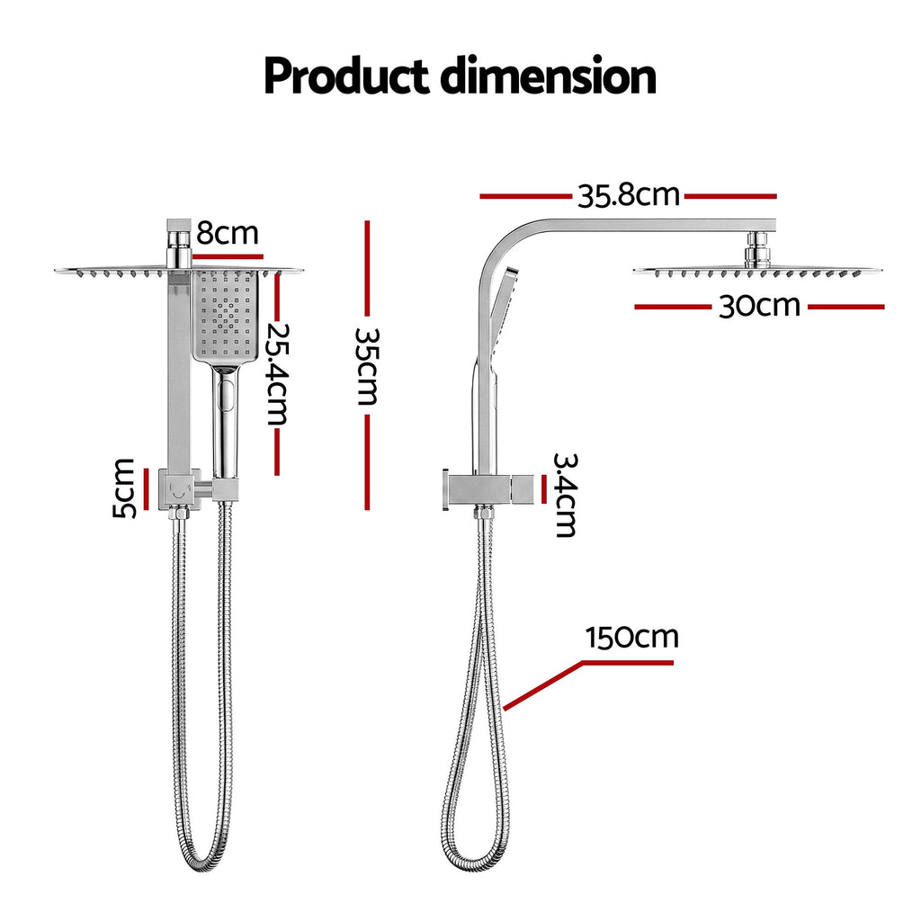 12" Rain Shower Head Set with 3-Mode Handheld Brass High Pressure WELS Chrome